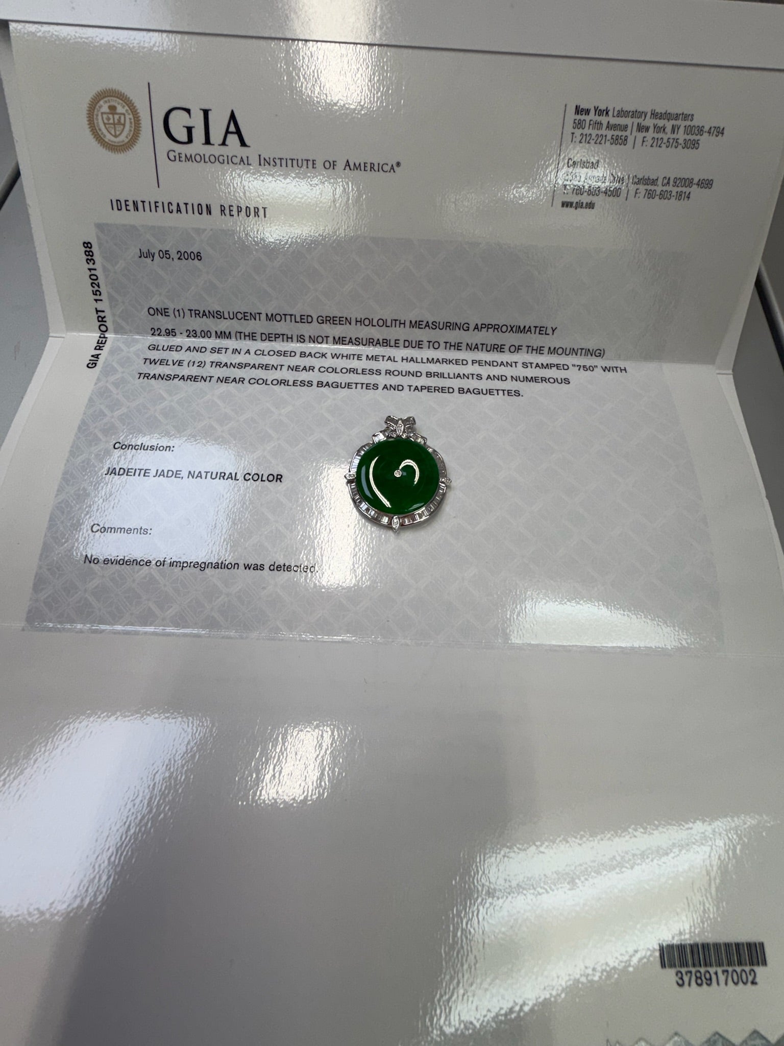 GIA Certified Natural Jadeite Jade Pendant – Translucent Mottled Green, Diamond Halo (18K White Gold)