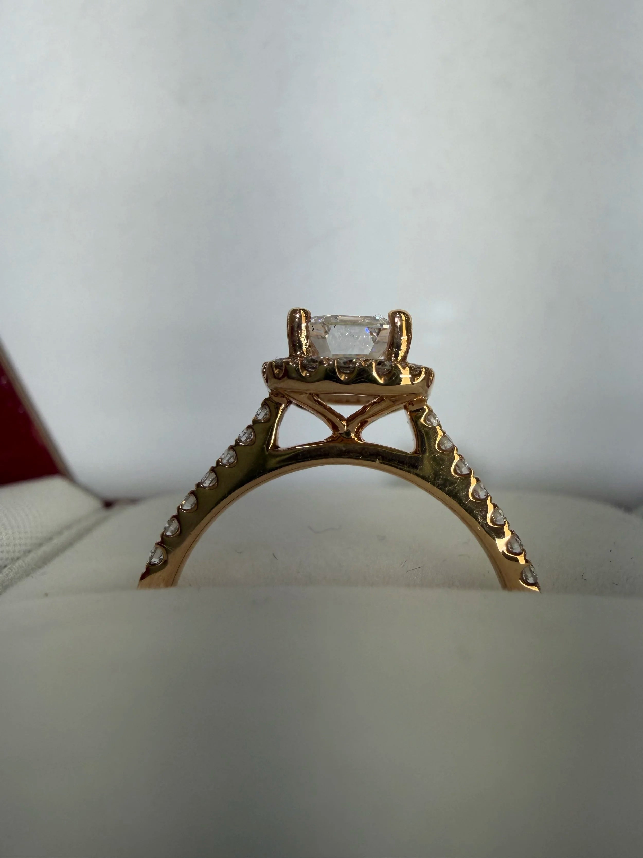 Rose Gold Emerald Cut Diamond Halo Ring with Pave