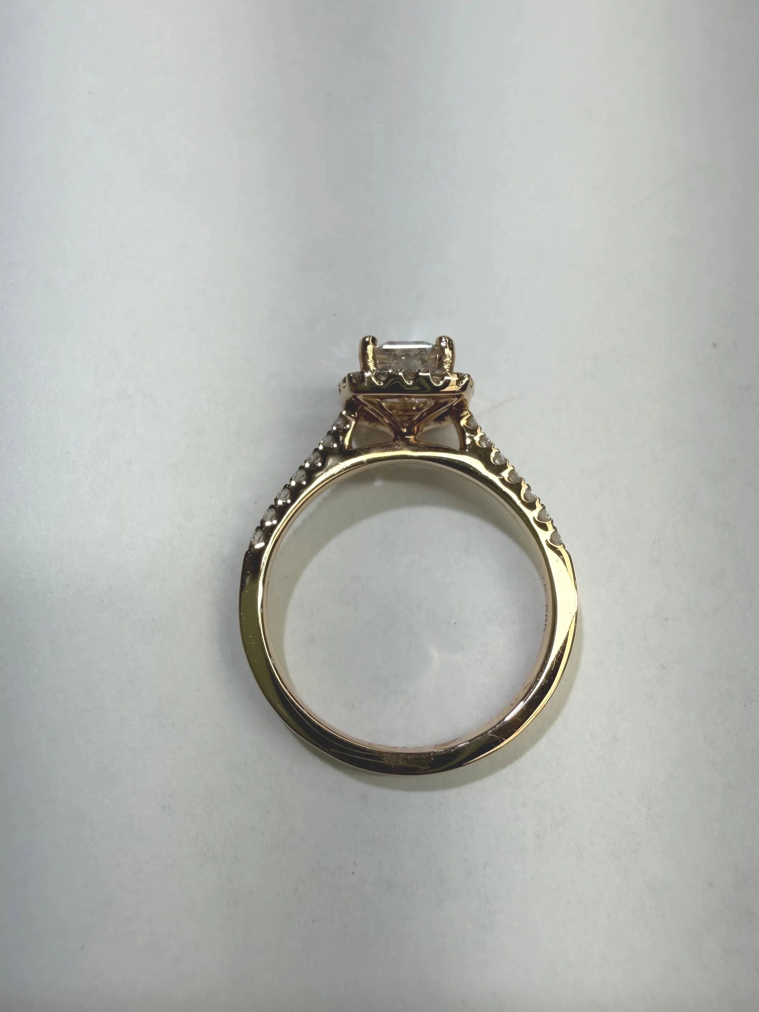 Rose Gold Emerald Cut Diamond Halo Ring with Pave