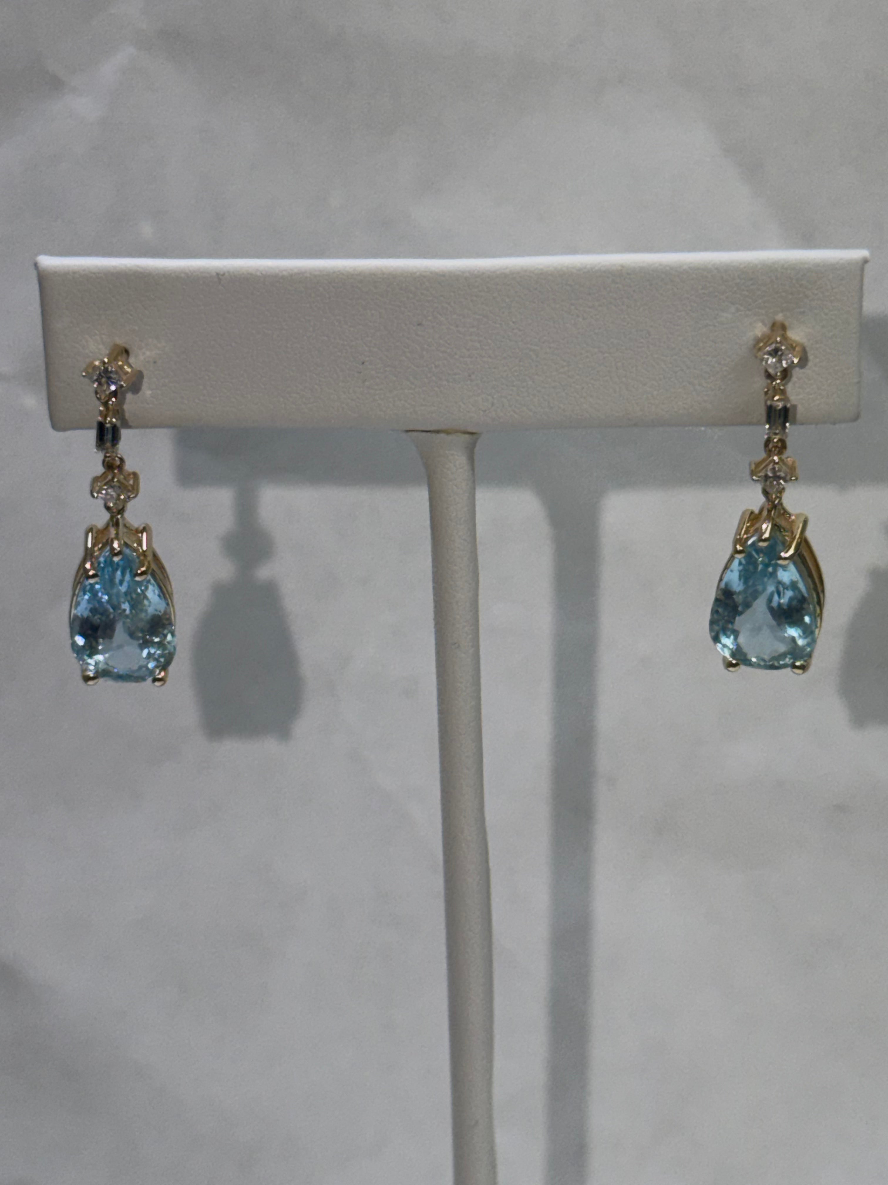 Pear Aquamarine & Diamond Drop Earrings in 14K Yellow Gold