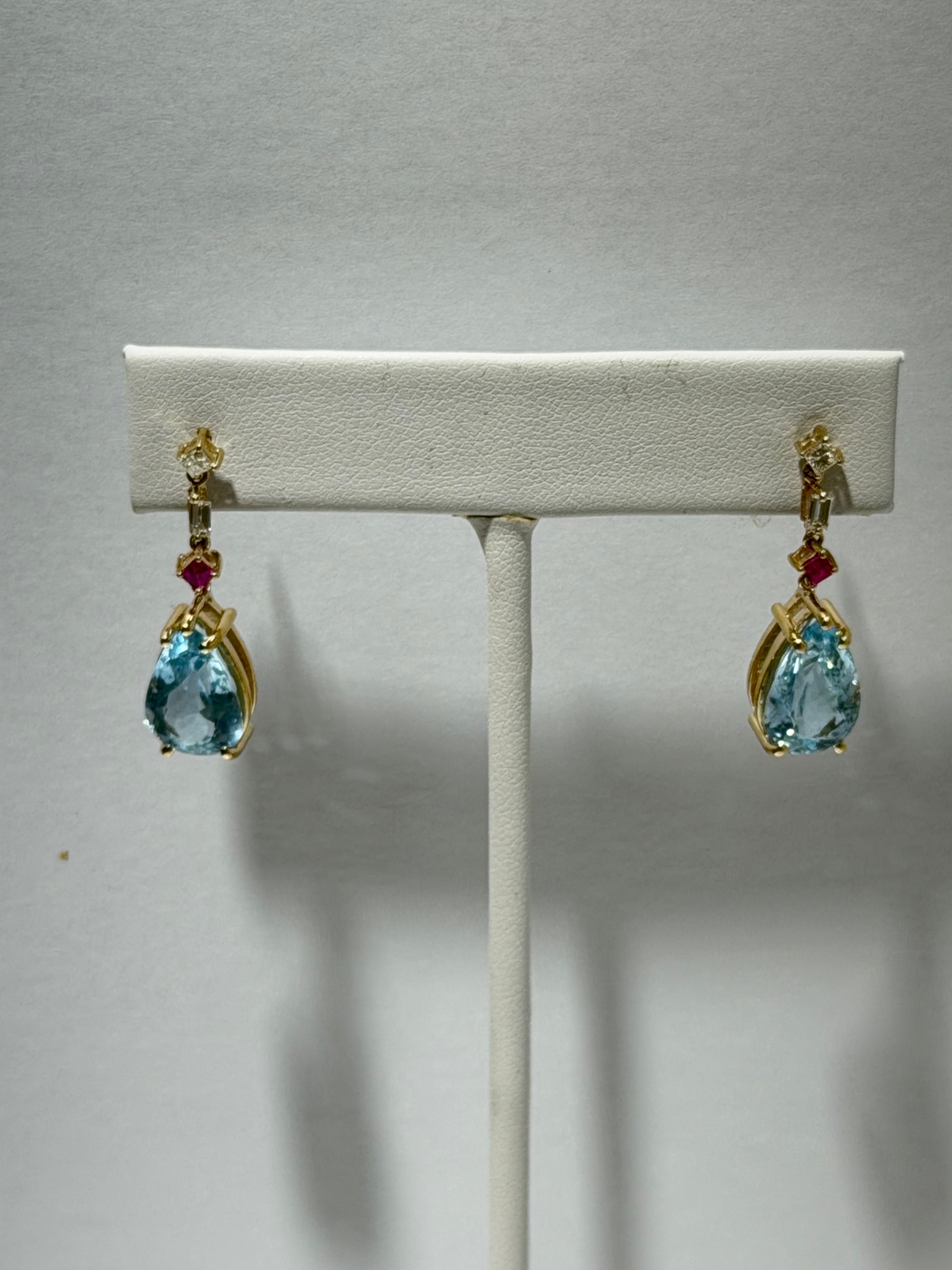 14K Yellow Gold Aquamarine, Ruby & Diamond Drop Earrings