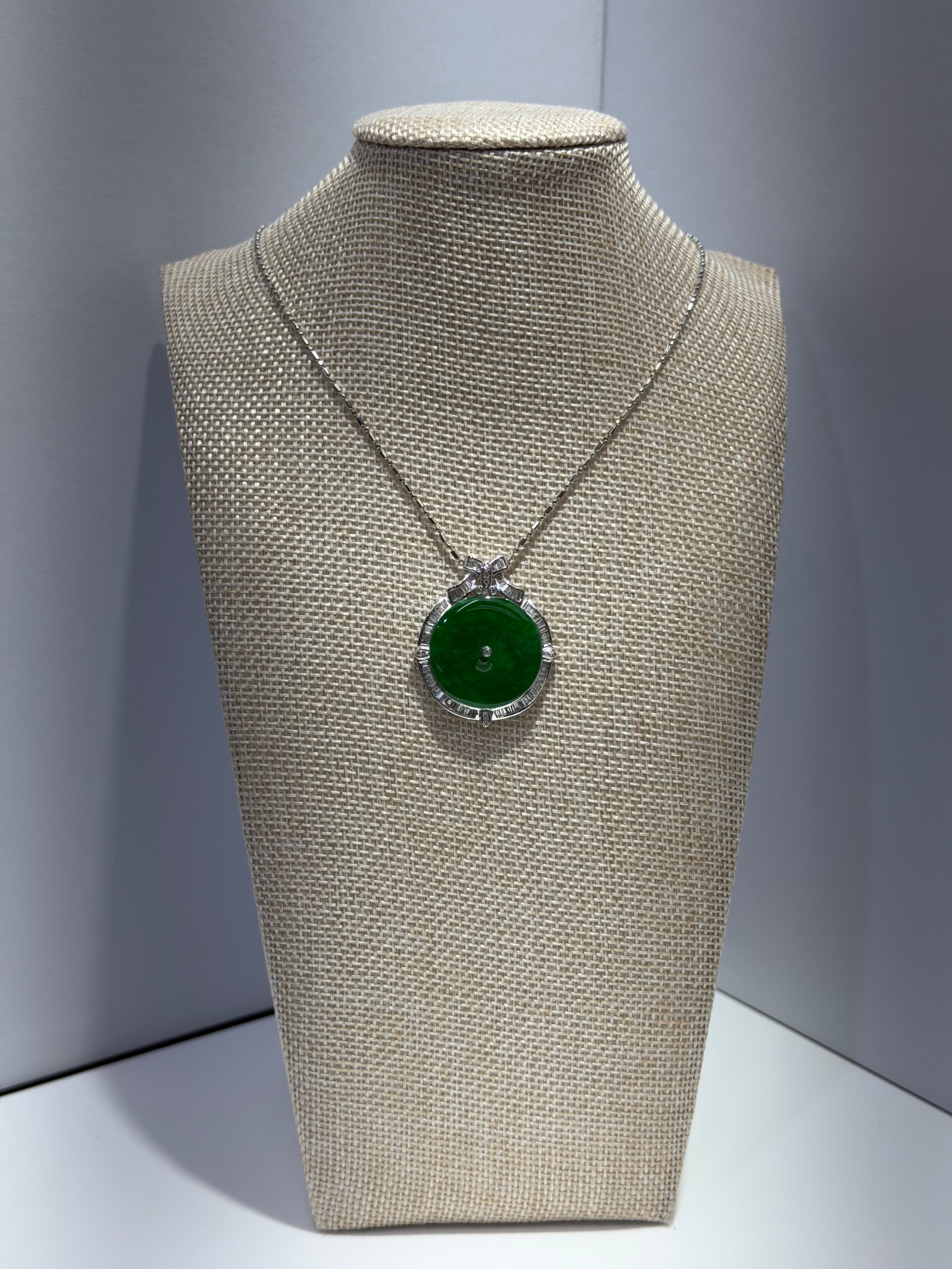 GIA Certified Natural Jadeite Jade Pendant – Translucent Mottled Green, Diamond Halo (18K White Gold)