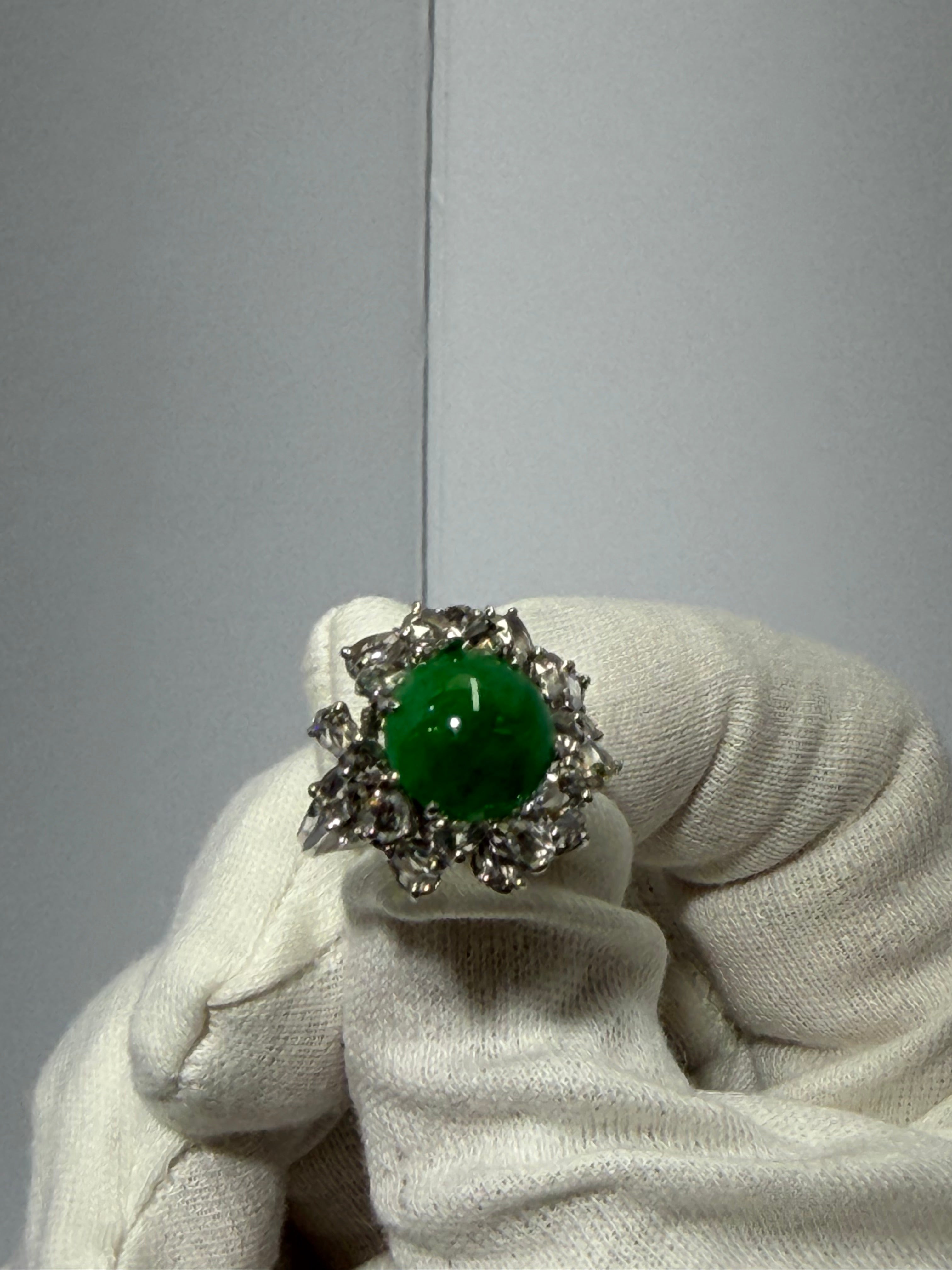 Belle Époque Platinum Cluster Ring (c. 1900–1918) Redesigned with GIA Jadeite Jade & 1.29 ct Rose Cut Diamonds