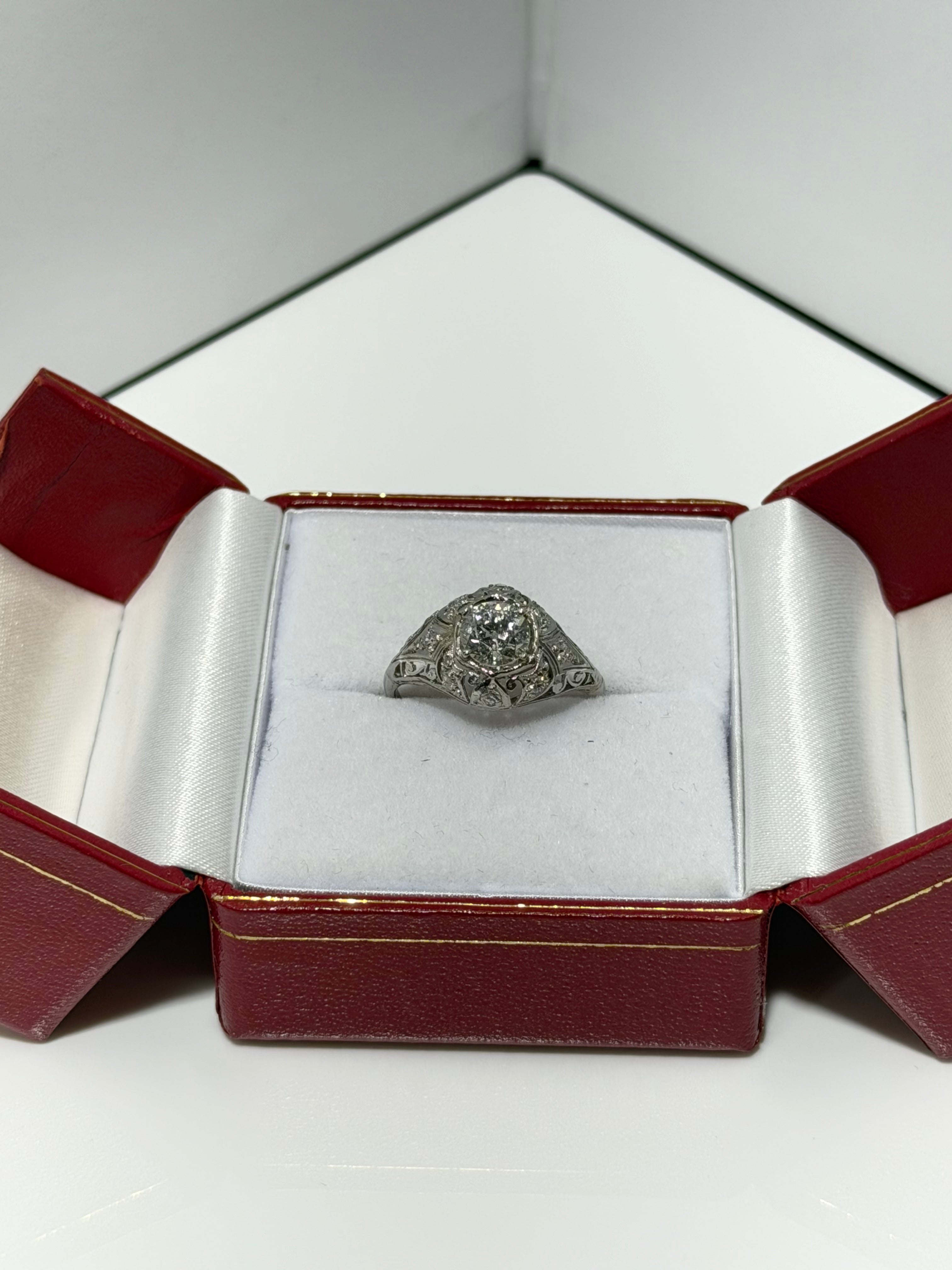 Original Art Deco Platinum Old European Cut Diamond Ring, 0.87 CT Center with 0.16 CTW Old Mine Cut Diamonds