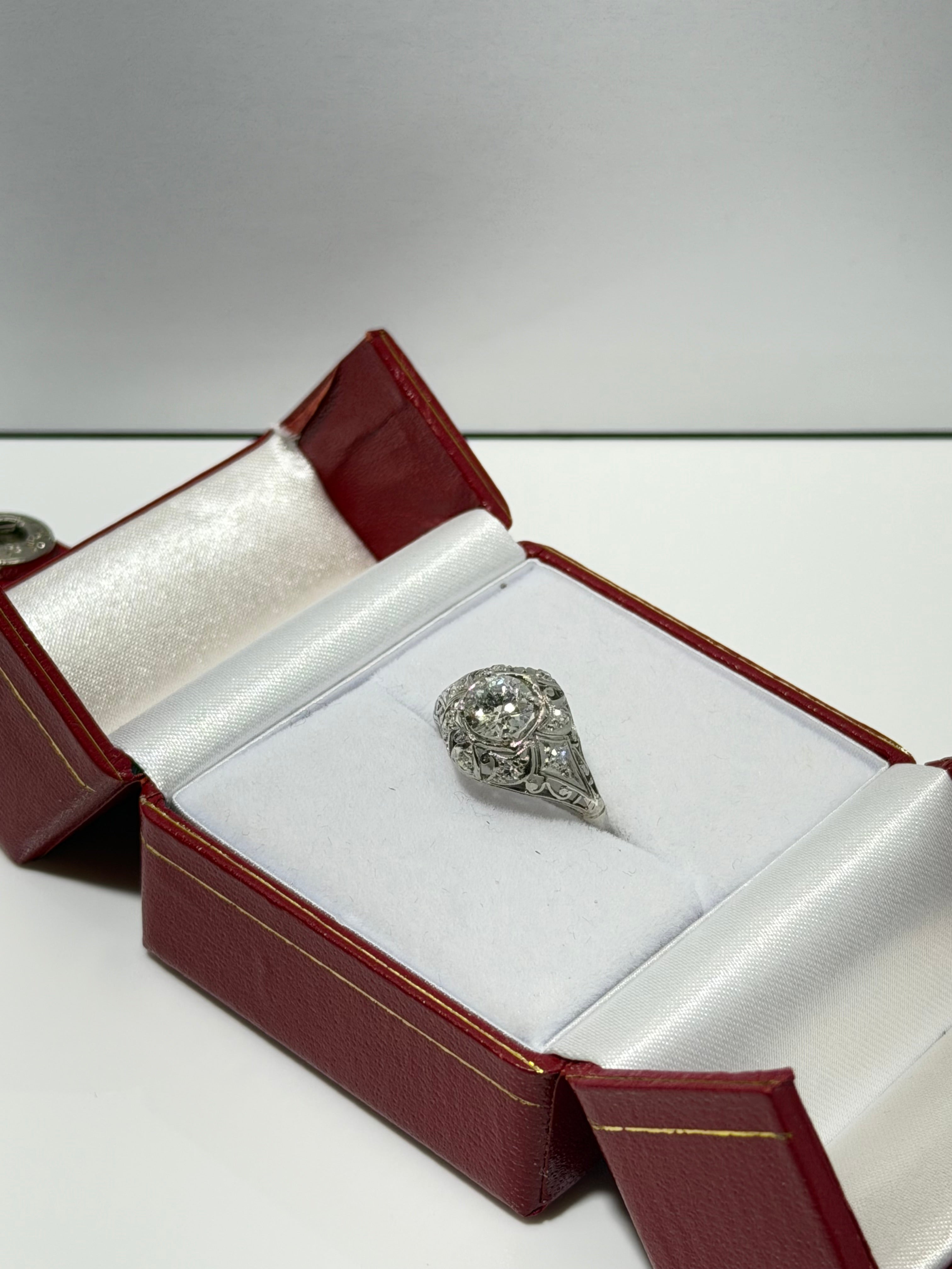Original Art Deco Platinum Old European Cut Diamond Ring, 0.87 CT Center with 0.16 CTW Old Mine Cut Diamonds