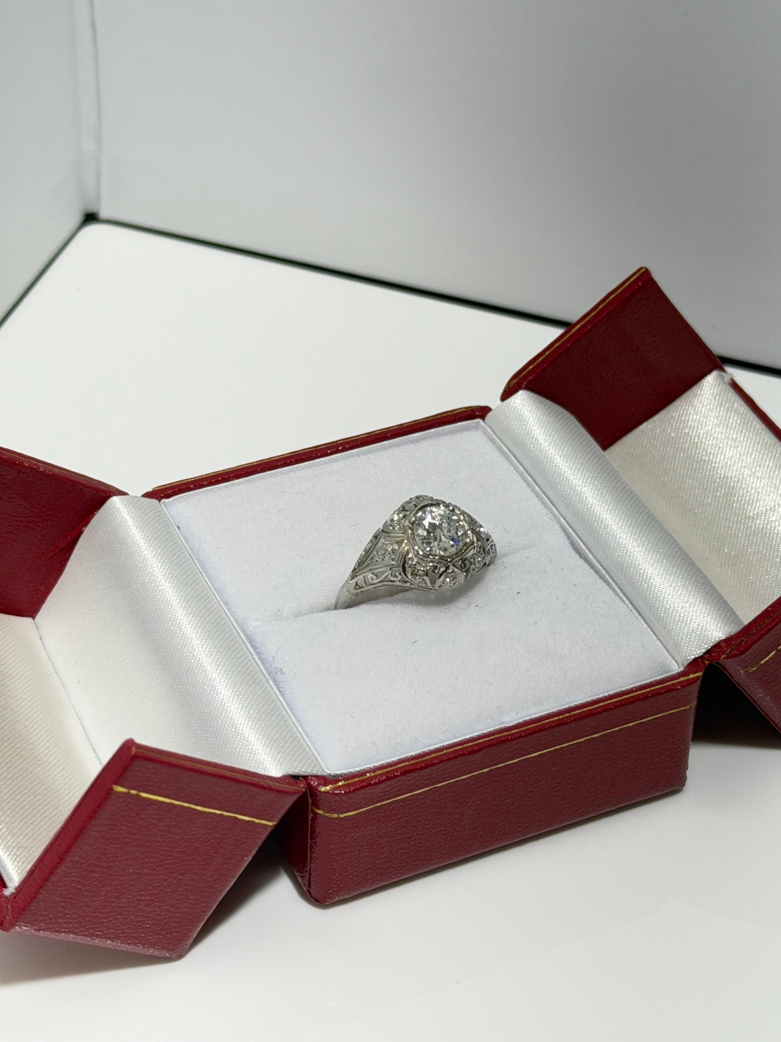 Original Art Deco Platinum Old European Cut Diamond Ring, 0.87 CT Center with 0.16 CTW Old Mine Cut Diamonds