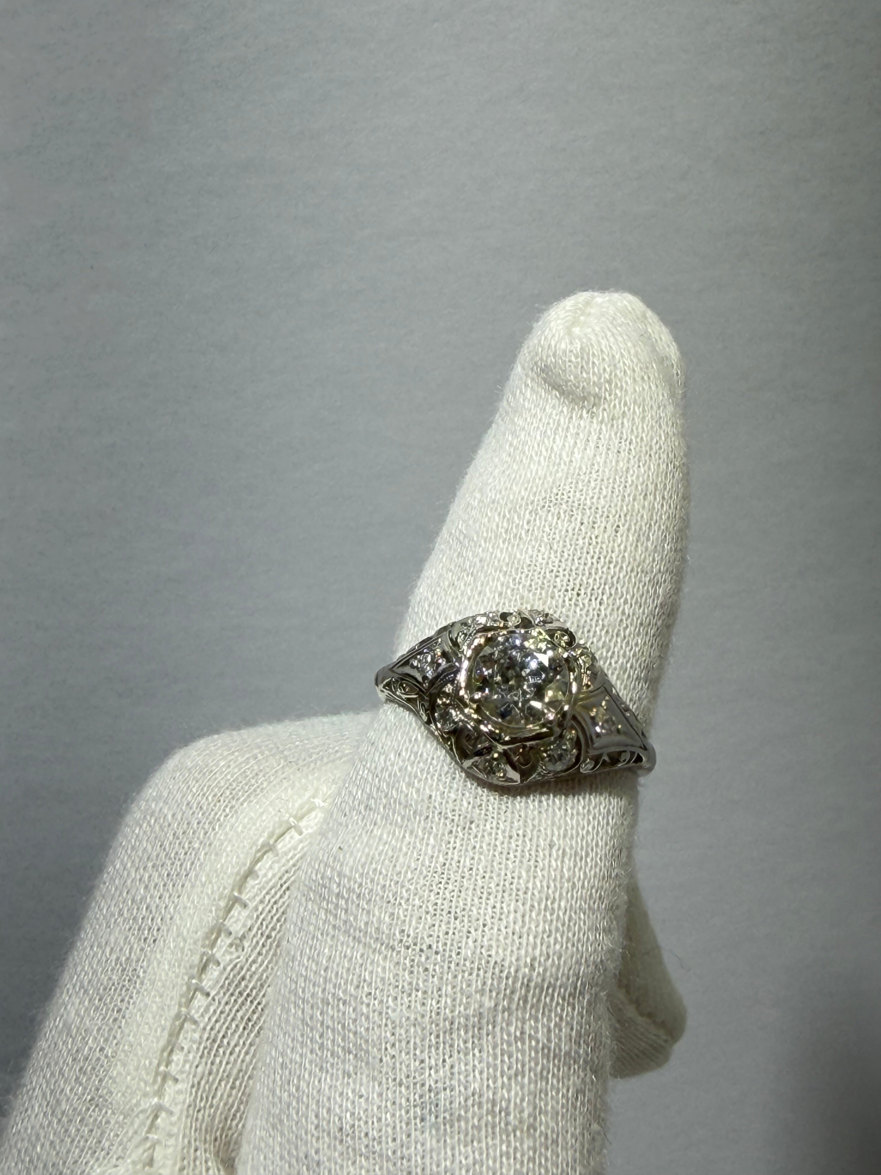 Original Art Deco Platinum Old European Cut Diamond Ring, 0.87 CT Center with 0.16 CTW Old Mine Cut Diamonds