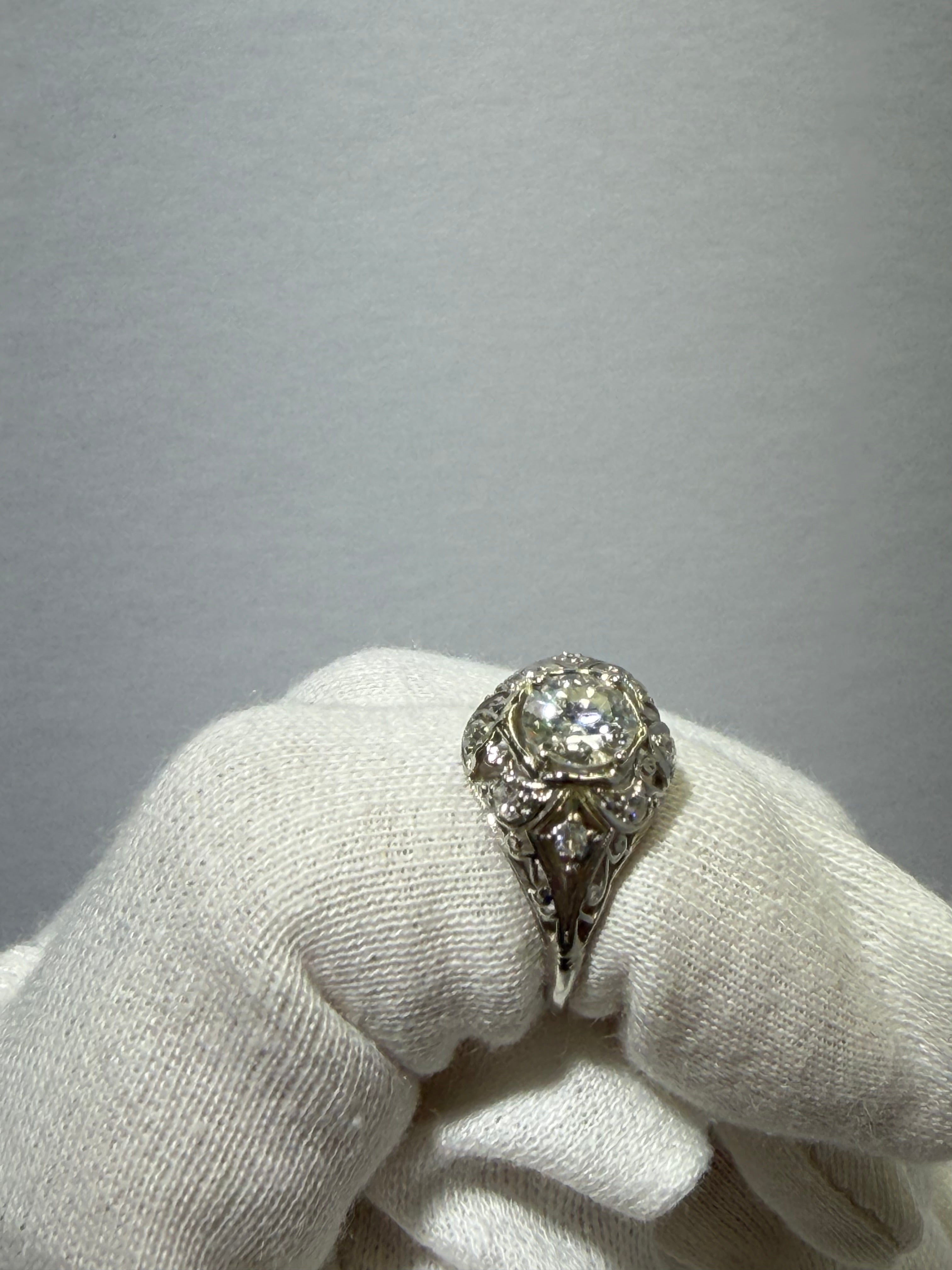 Original Art Deco Platinum Old European Cut Diamond Ring, 0.87 CT Center with 0.16 CTW Old Mine Cut Diamonds