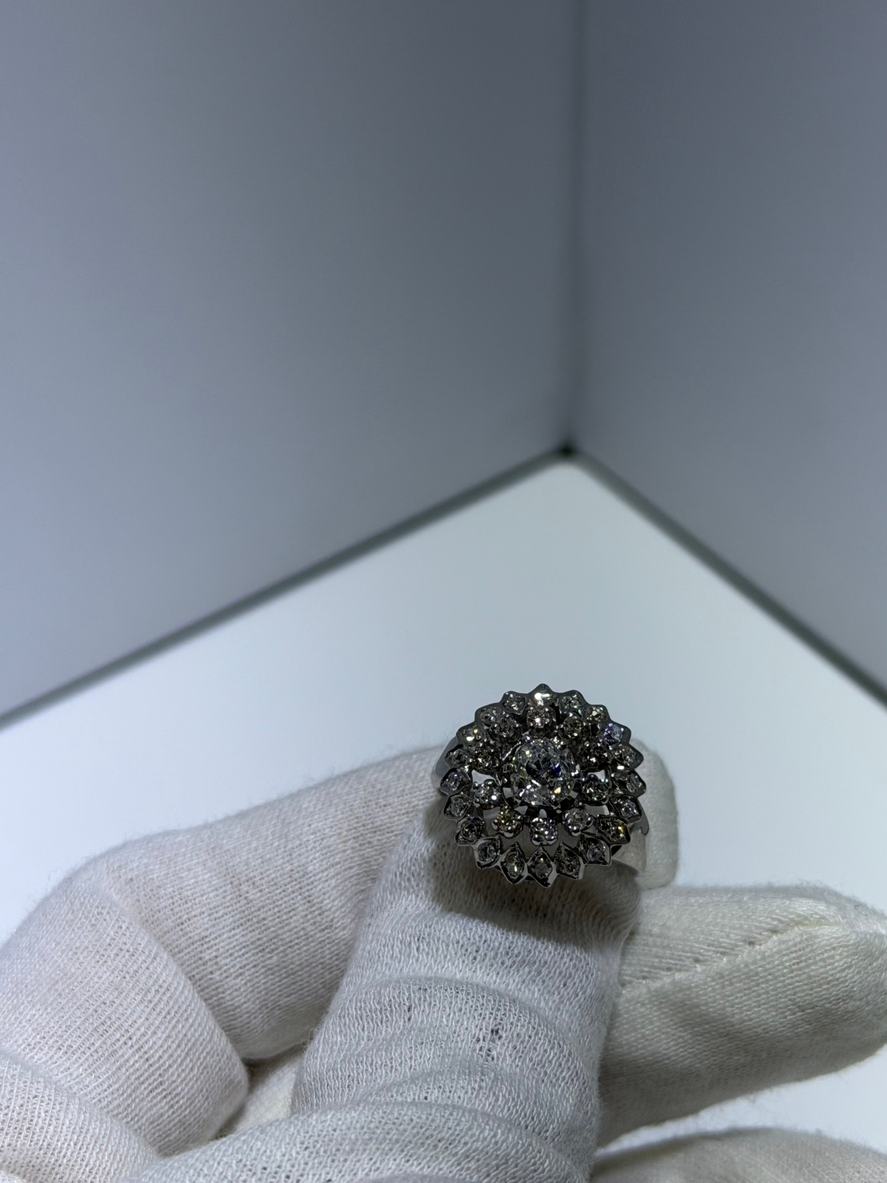 Antique Art Deco 14K White Gold Double Halo Ring with 0.60ct Old European Cut Diamond, circa 1925–1938