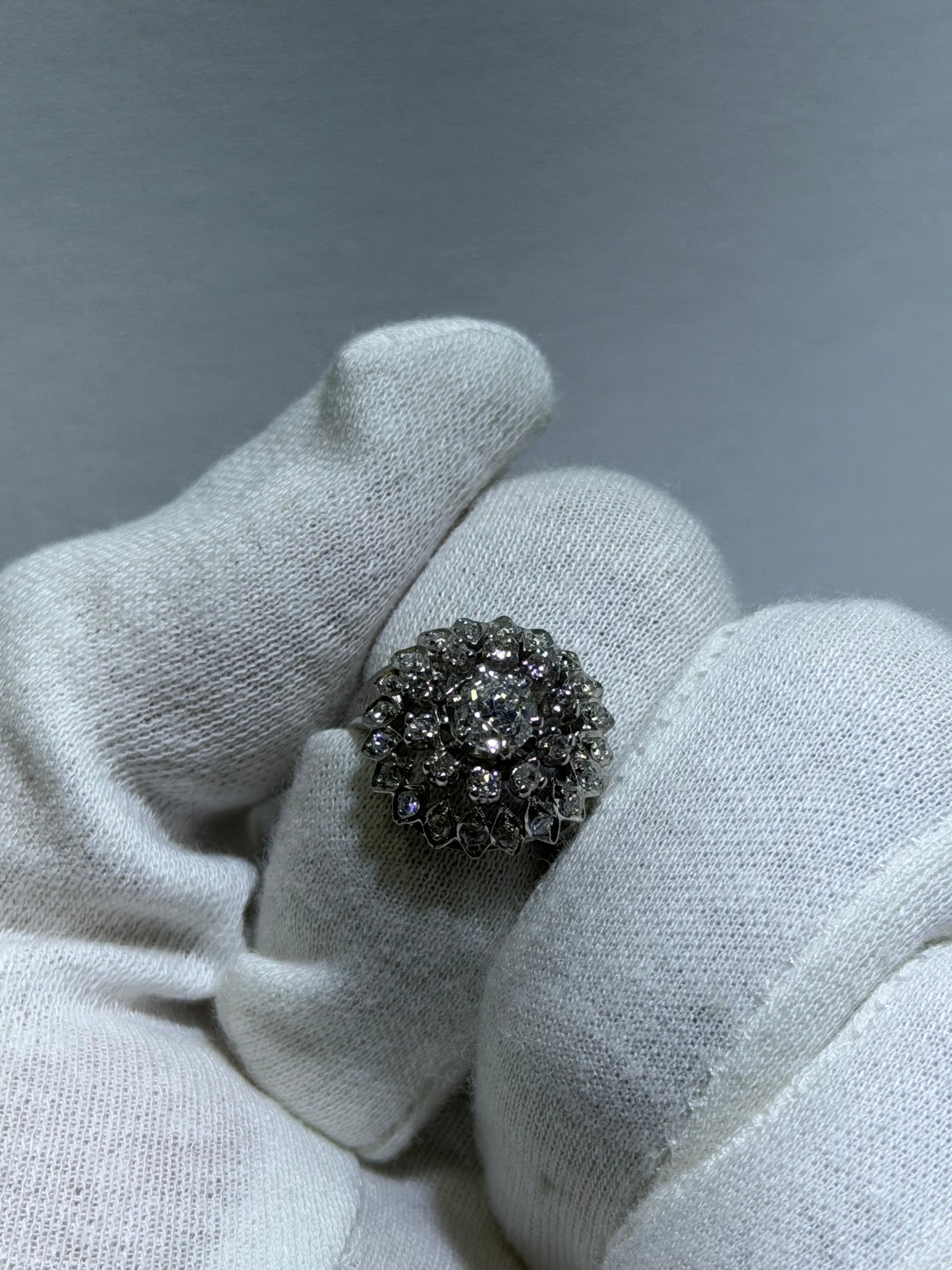 Antique Art Deco 14K White Gold Double Halo Ring with 0.60ct Old European Cut Diamond, circa 1925–1938