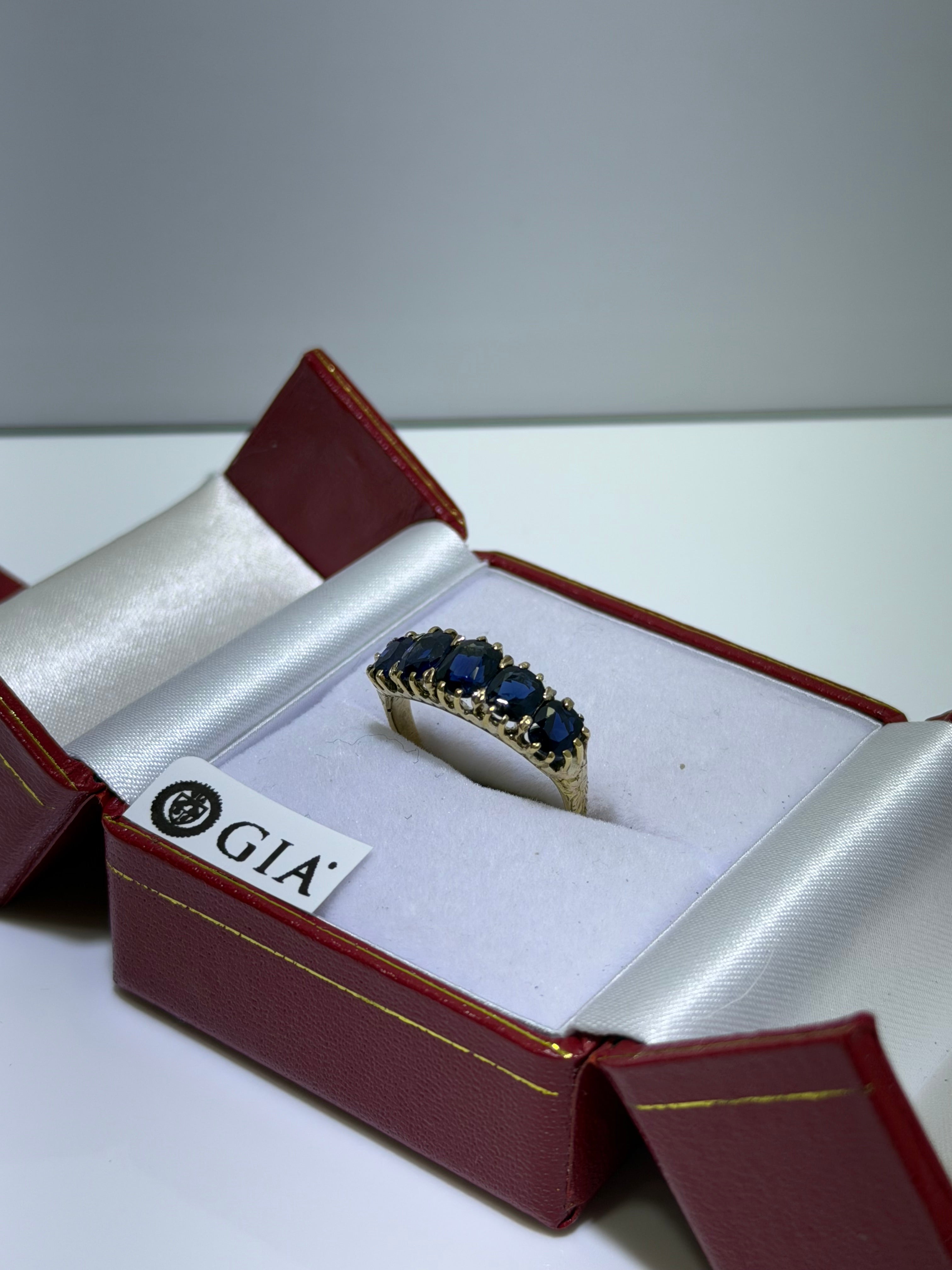 Antique Late Victorian 14K Yellow Gold Five-Stone Sapphire Ring, 2.43ctw, circa 1880–1890s