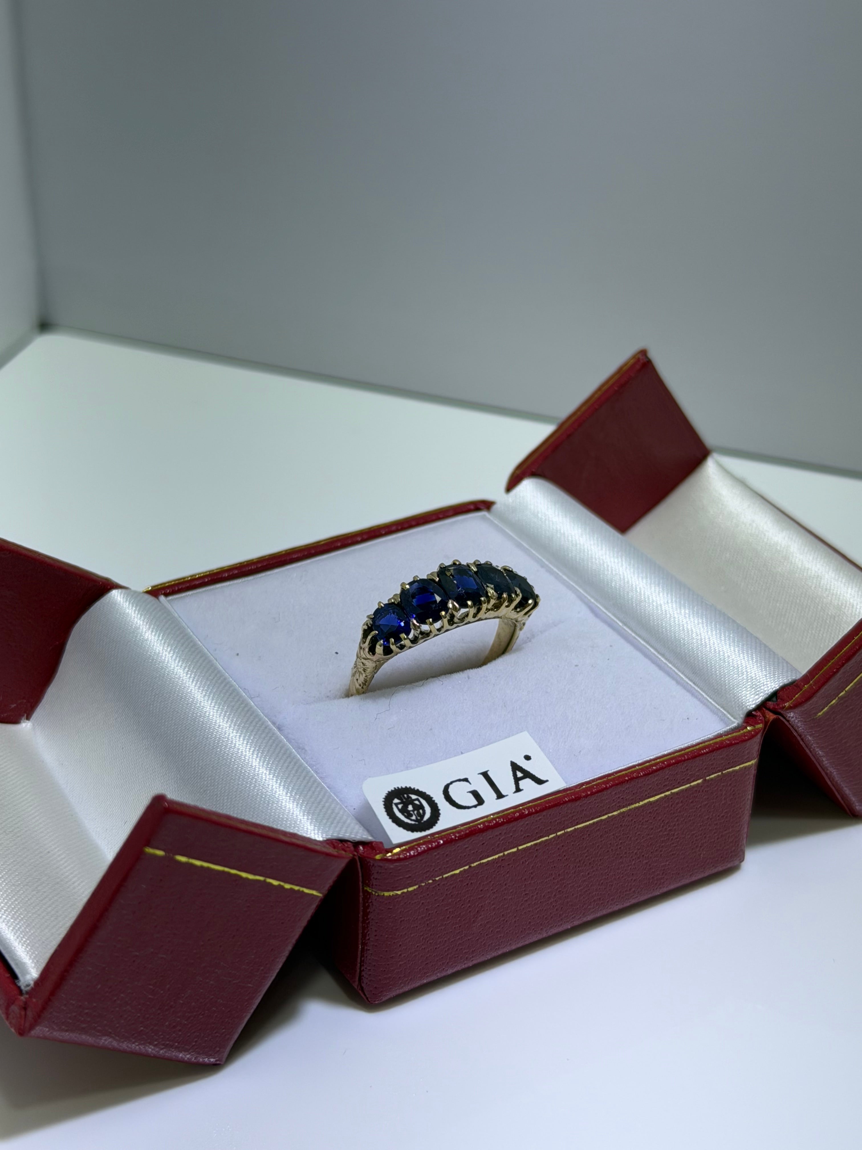 Antique Late Victorian 14K Yellow Gold Five-Stone Sapphire Ring, 2.43ctw, circa 1880–1890s