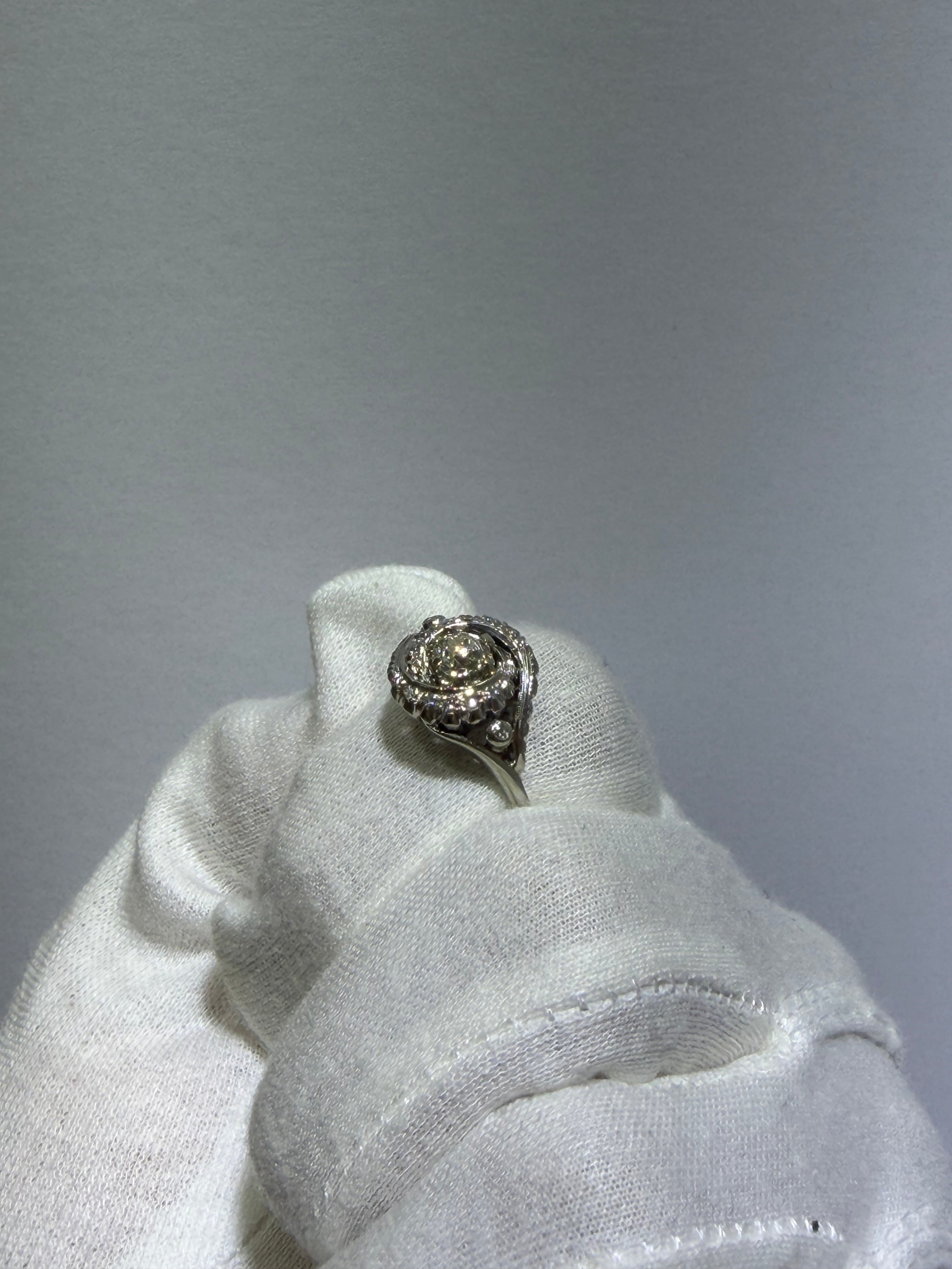 Antique Art Deco 18K White Gold Bypass Ring with 0.48ct Old European Cut Diamond, circa 1930–1940