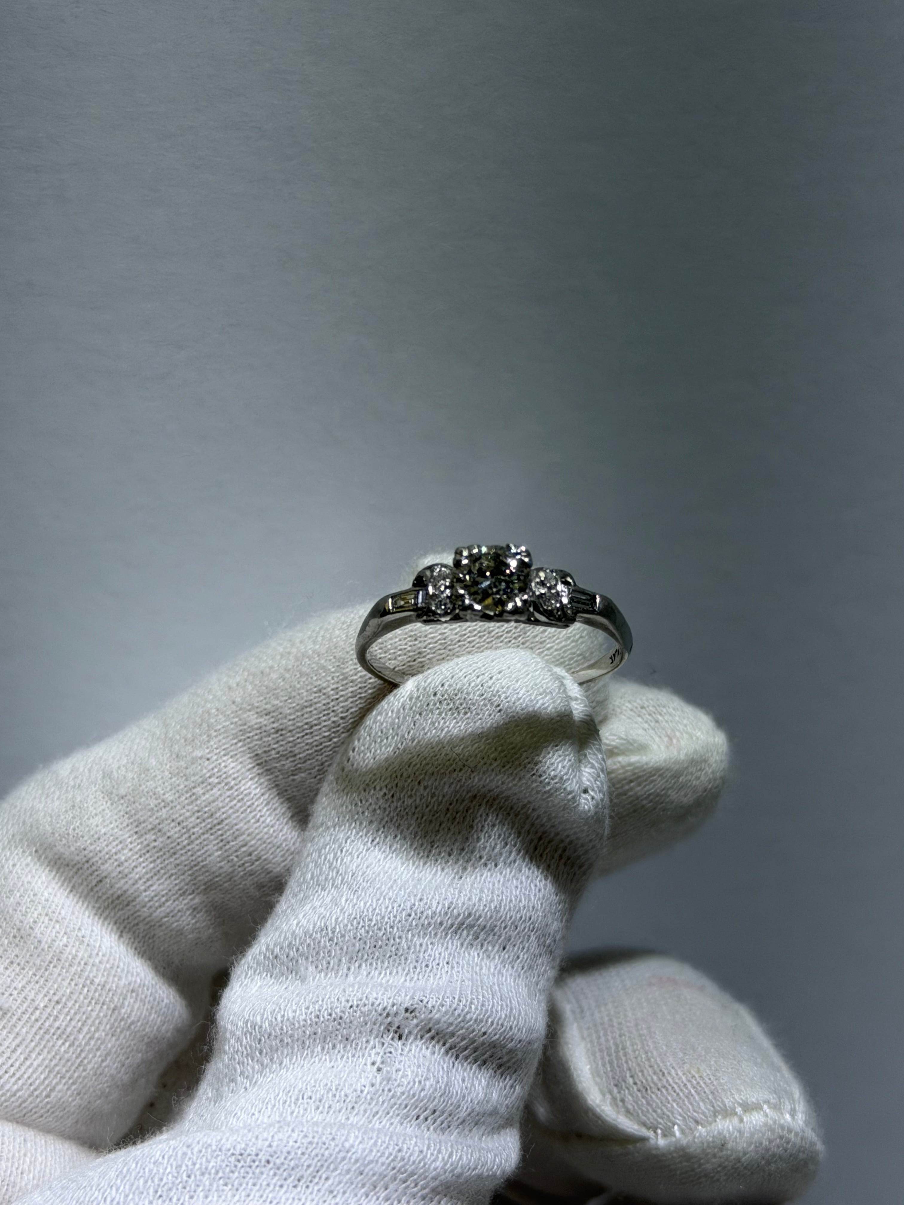 Antique Art Deco Platinum Three-Stone Ring with 0.43ct Old European Cut Diamond & Baguette Accents, circa 1928–1941