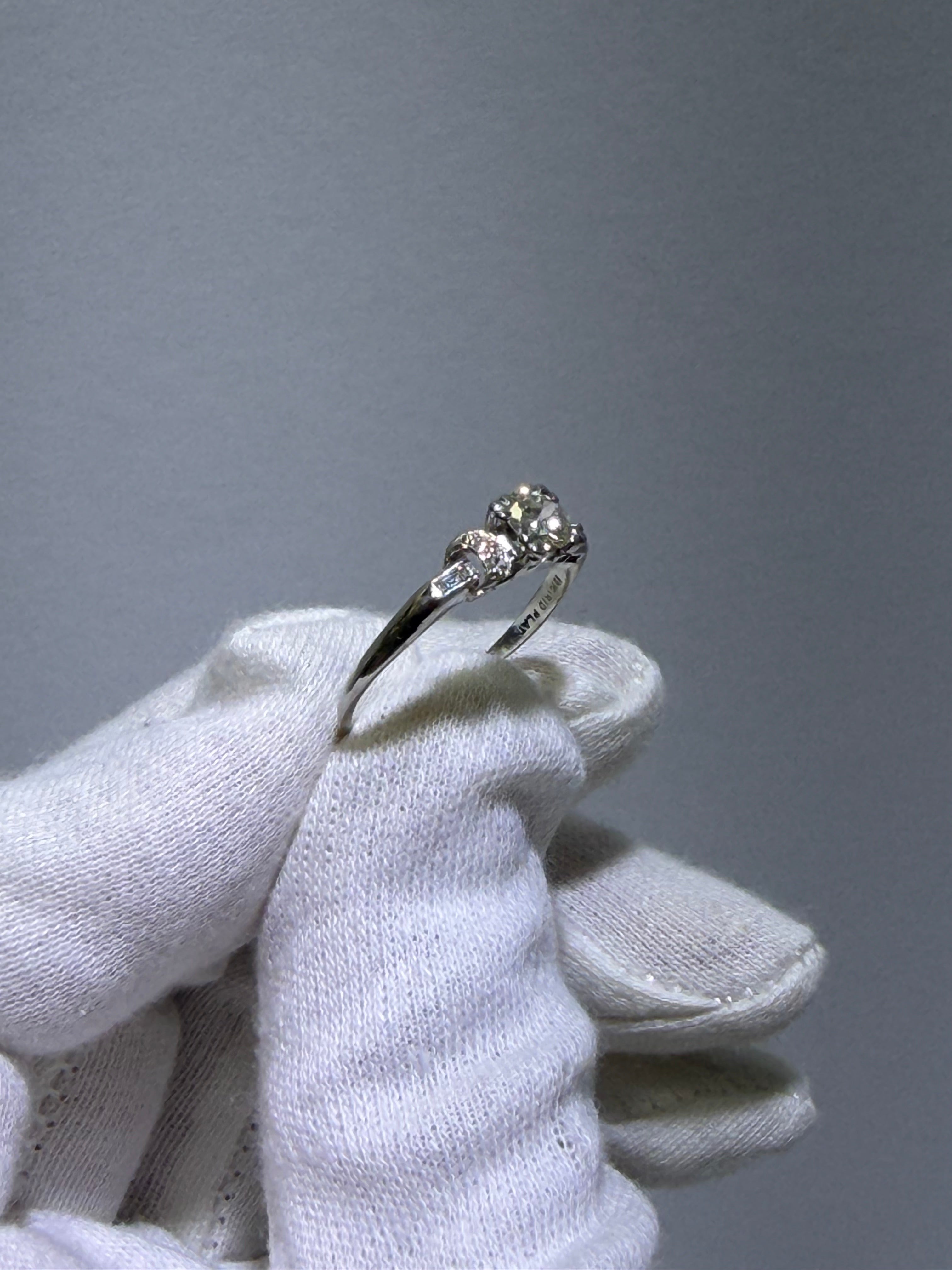 Antique Art Deco Platinum Three-Stone Ring with 0.43ct Old European Cut Diamond & Baguette Accents, circa 1928–1941
