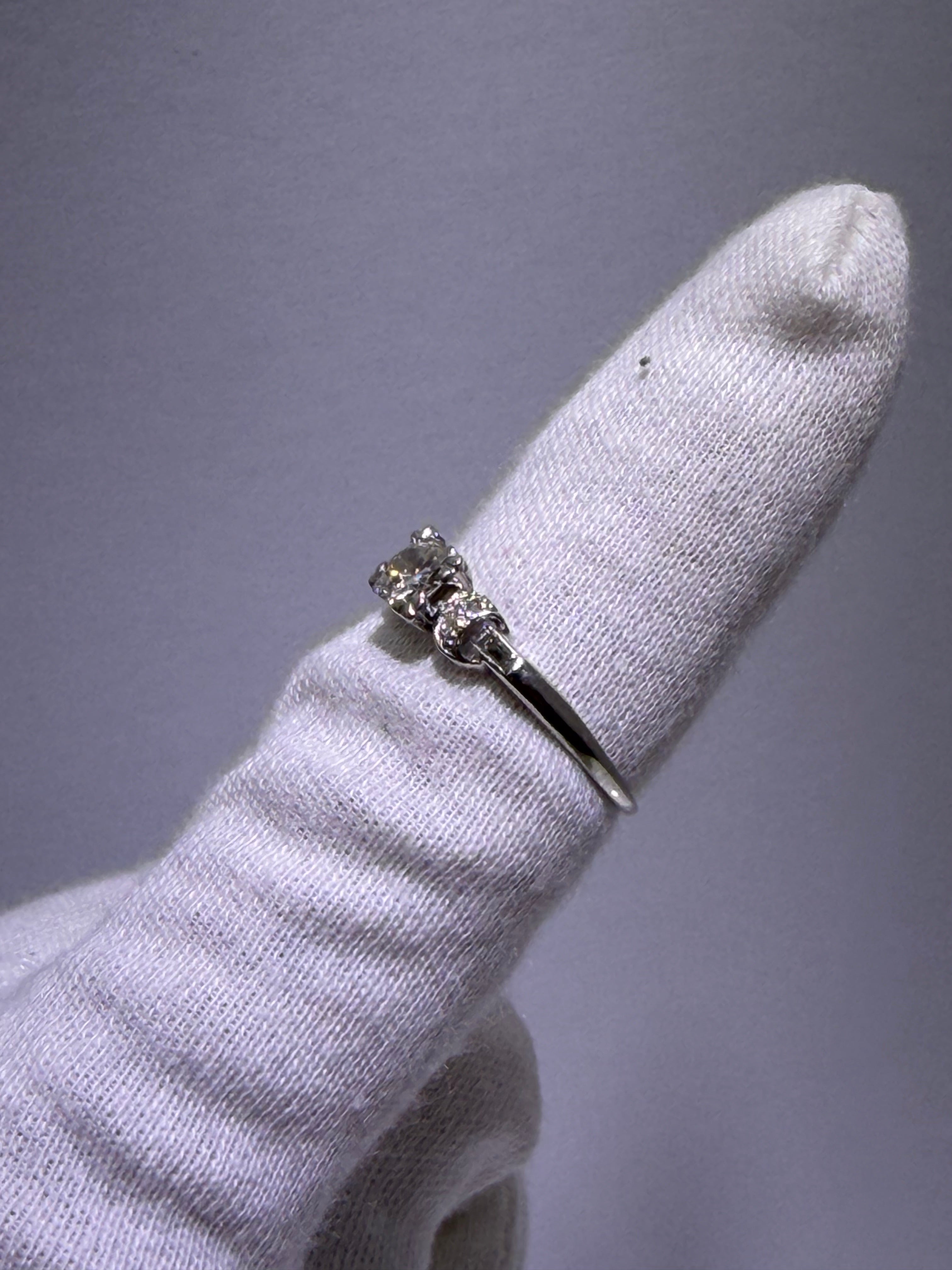 Antique Art Deco Platinum Three-Stone Ring with 0.43ct Old European Cut Diamond & Baguette Accents, circa 1928–1941