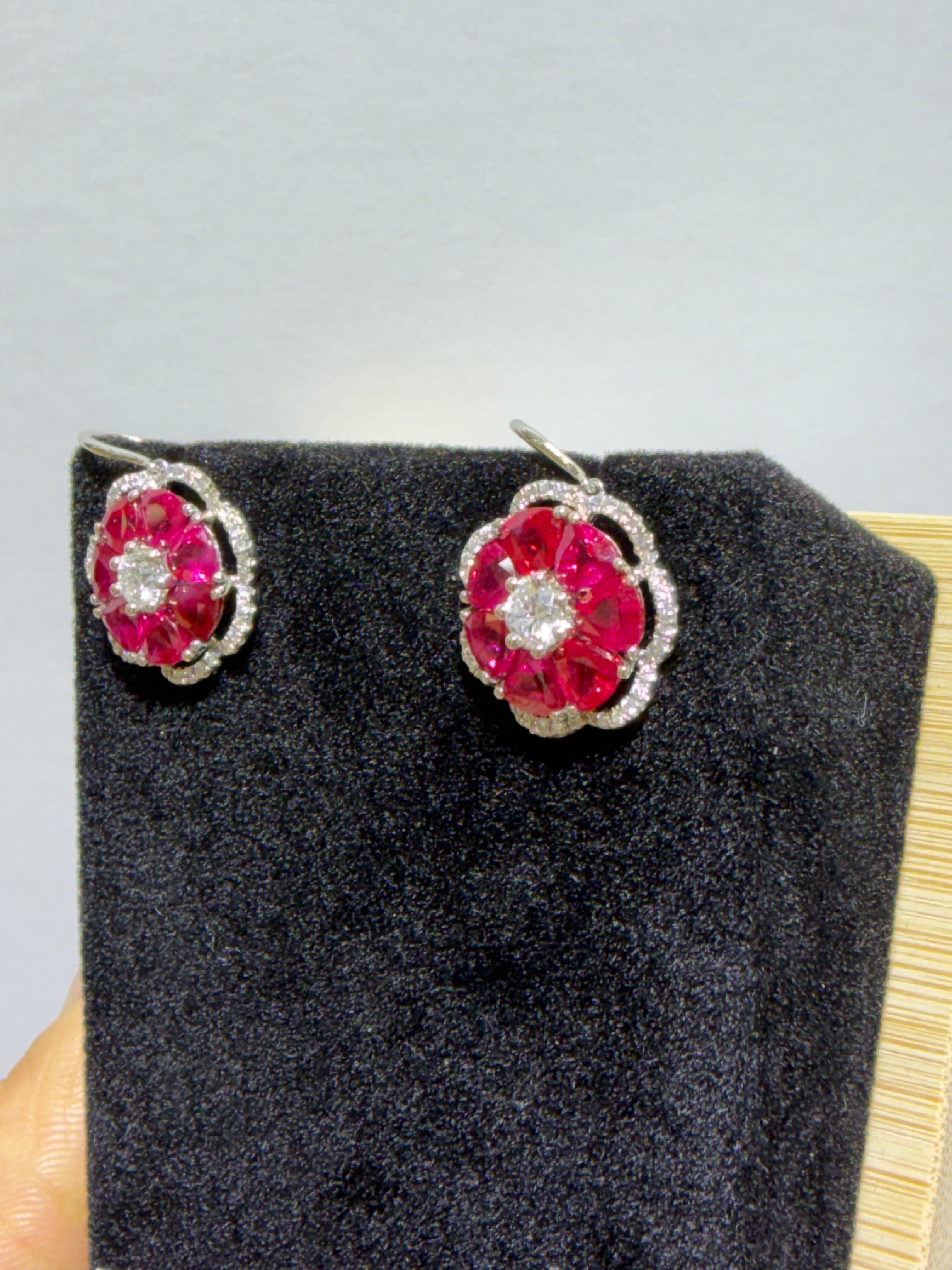 Natural Burmese Ruby & Diamond Floral Earrings in 18K White Gold, 6.63 CTW