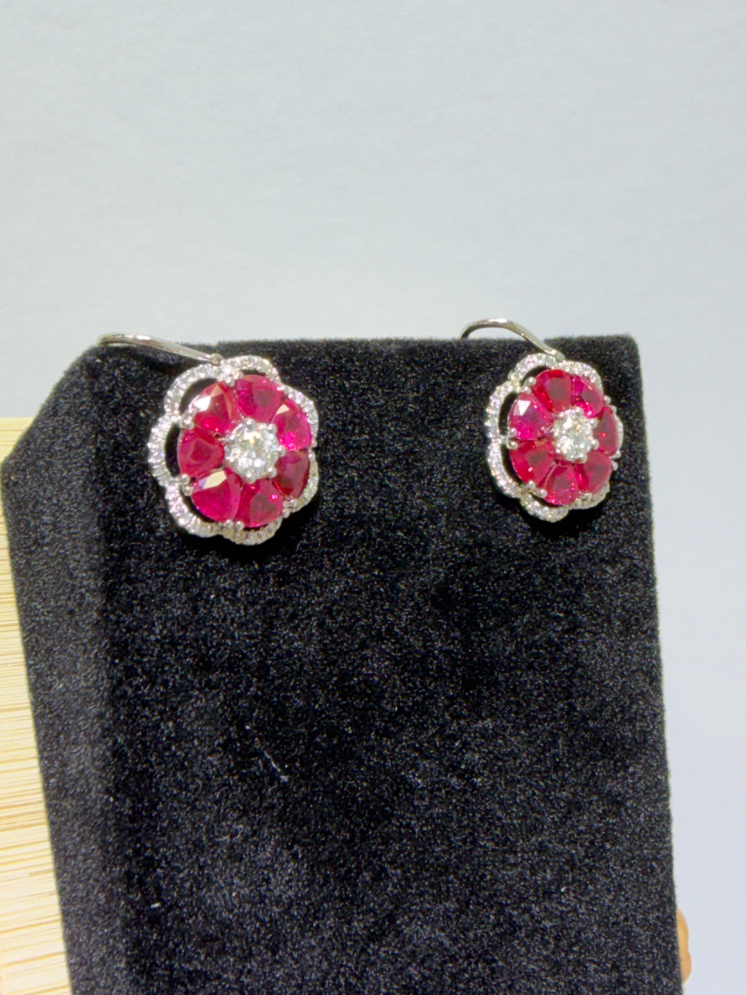 Natural Burmese Ruby & Diamond Floral Earrings in 18K White Gold, 6.63 CTW