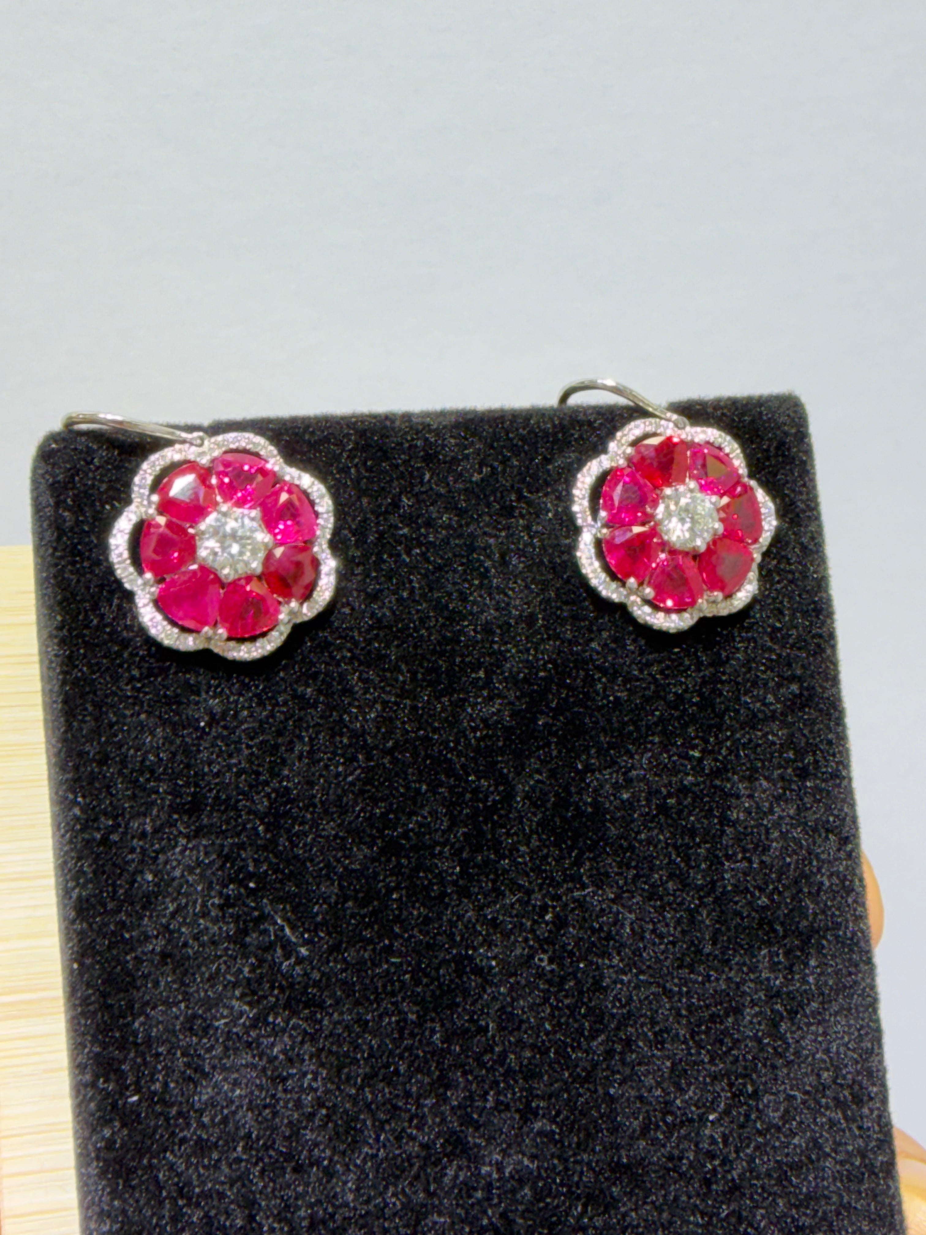 Natural Burmese Ruby & Diamond Floral Earrings in 18K White Gold, 6.63 CTW