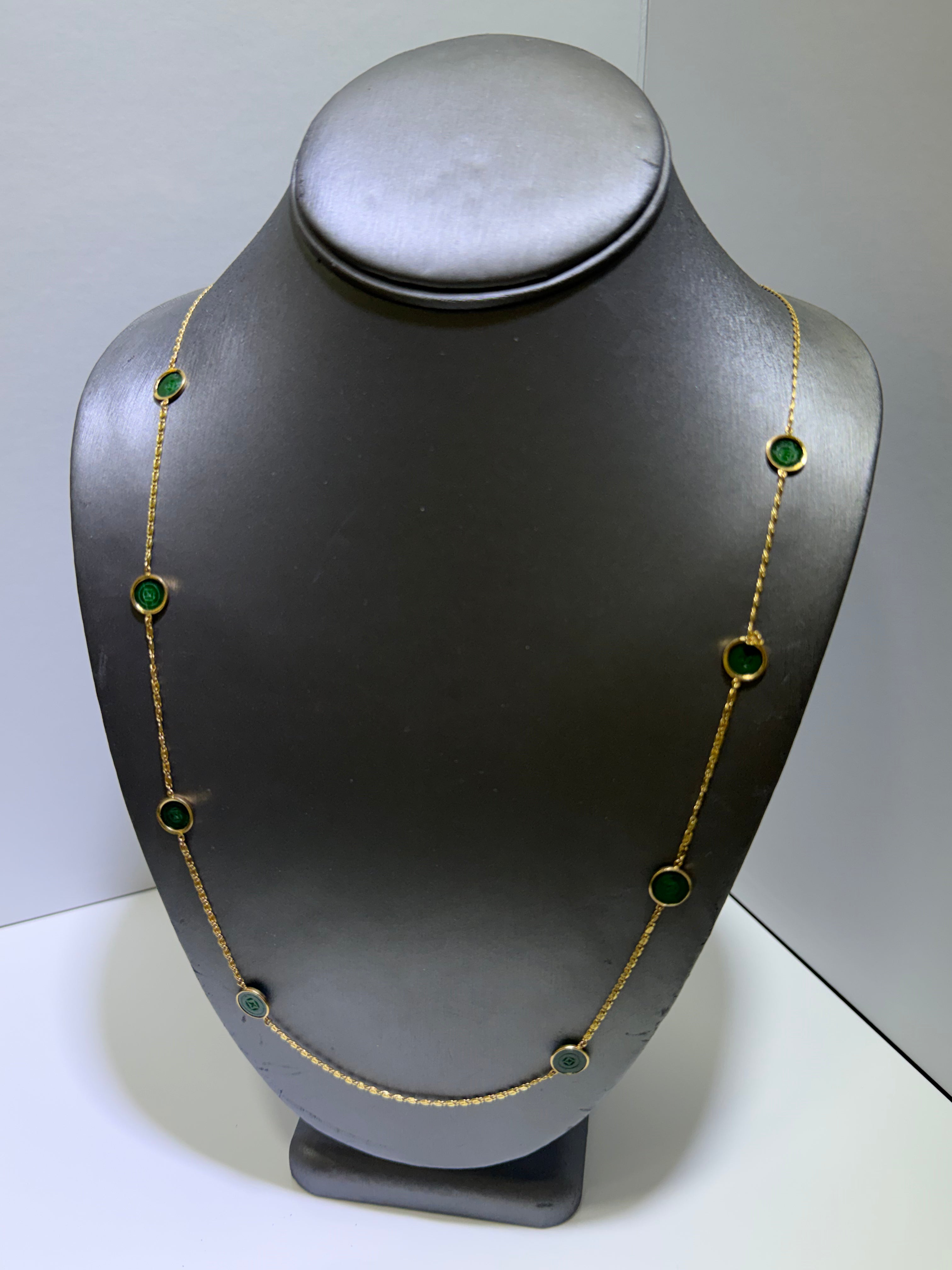 Natural Jadeite Jade Coin Necklace in 14K Yellow Gold, 8 Green Jade Pieces, 26–27"