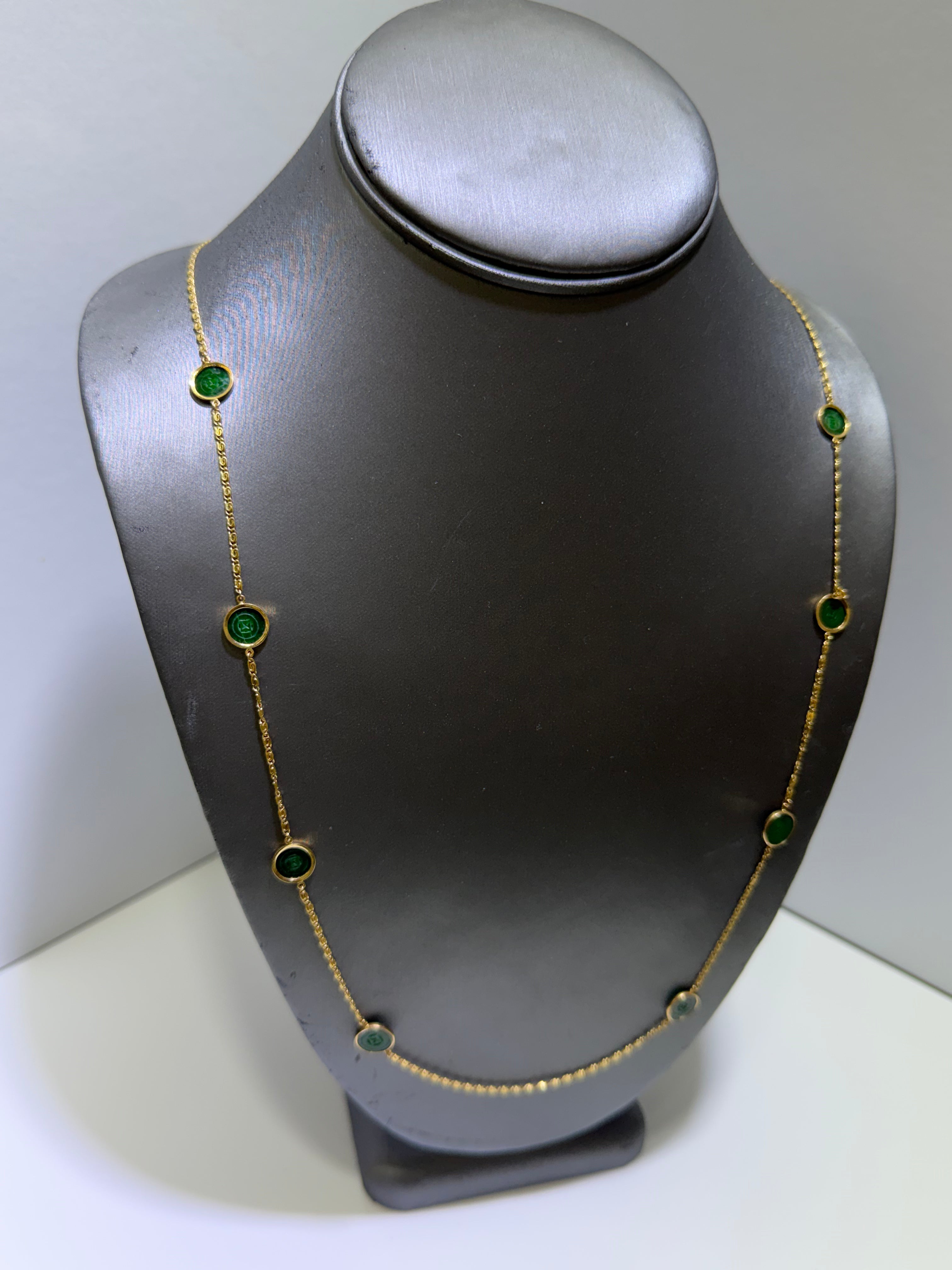 Natural Jadeite Jade Coin Necklace in 14K Yellow Gold, 8 Green Jade Pieces, 26–27"