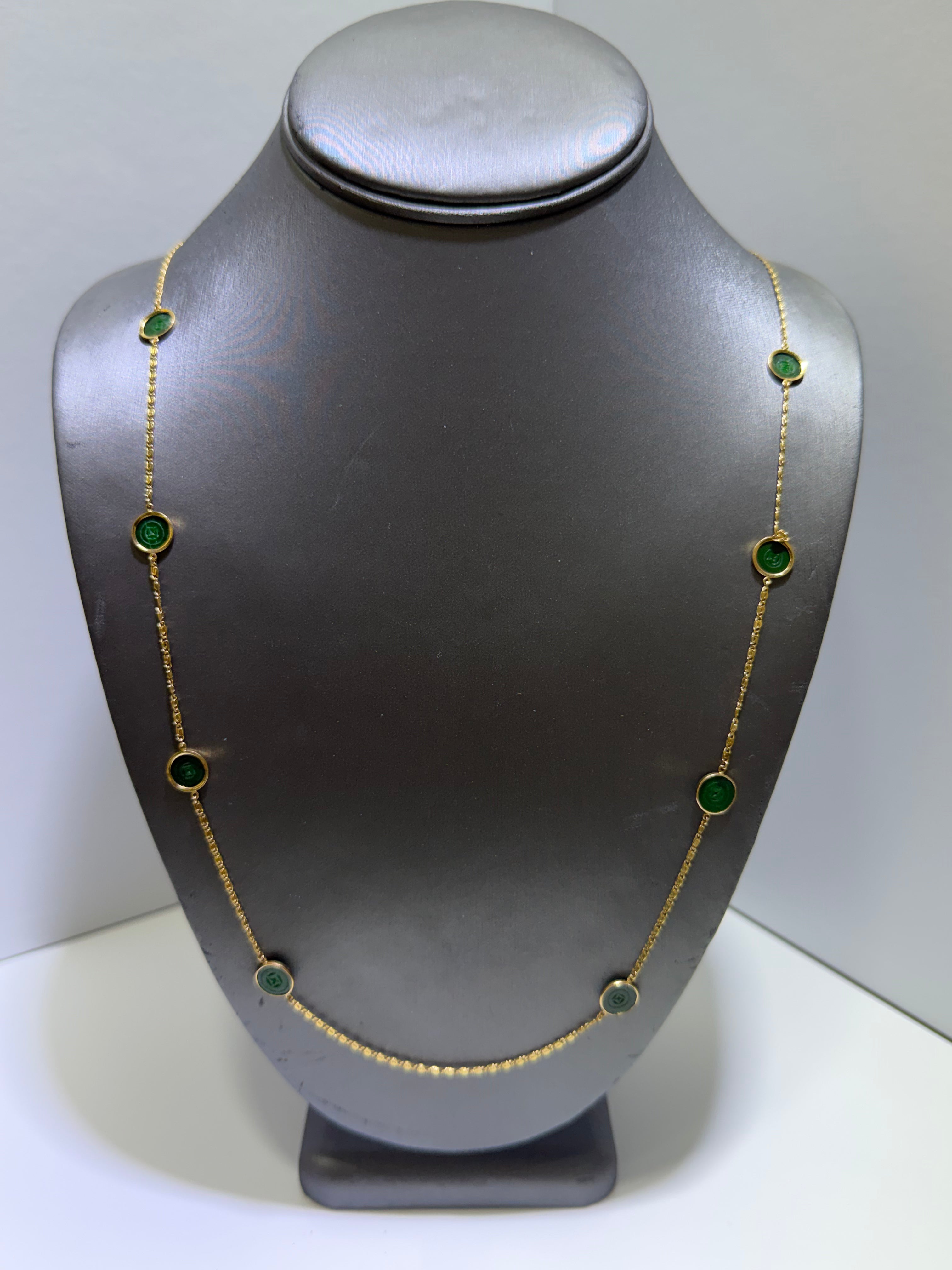 Natural Jadeite Jade Coin Necklace in 14K Yellow Gold, 8 Green Jade Pieces, 26–27"