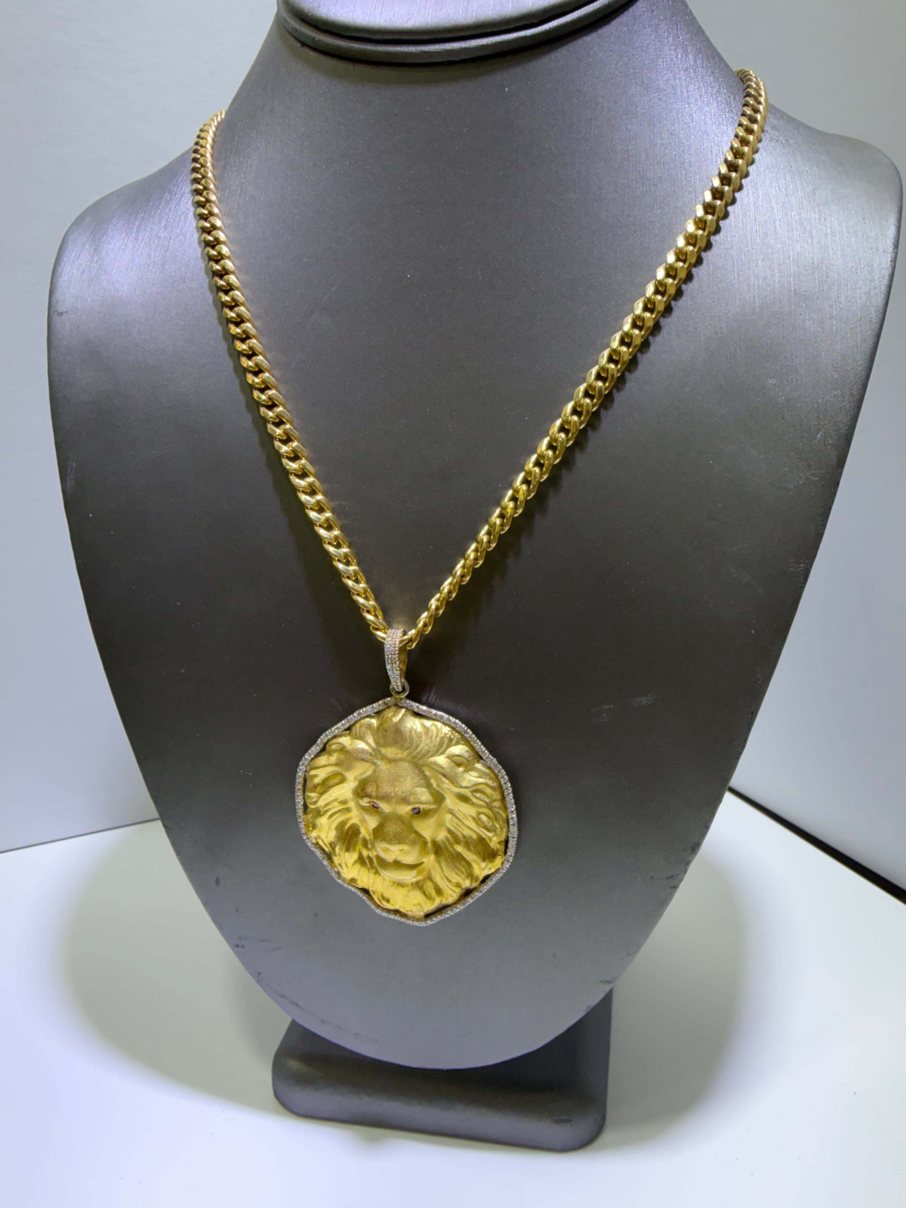 14K Yellow Gold Lion Head Pendant with 0.96 CT Natural Diamonds & Natural Ruby Eyes