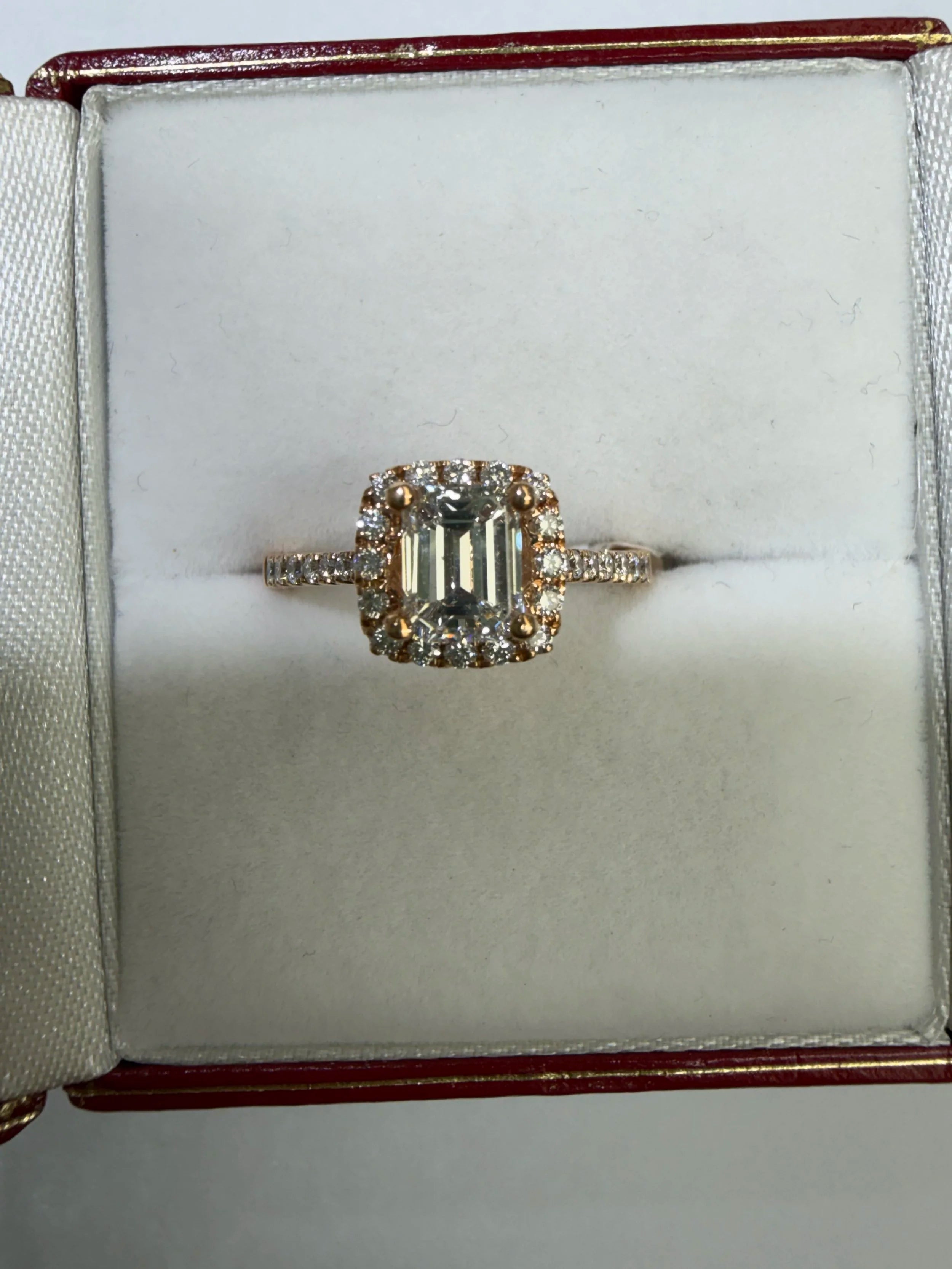 Rose Gold Emerald Cut Diamond Halo Ring with Pave