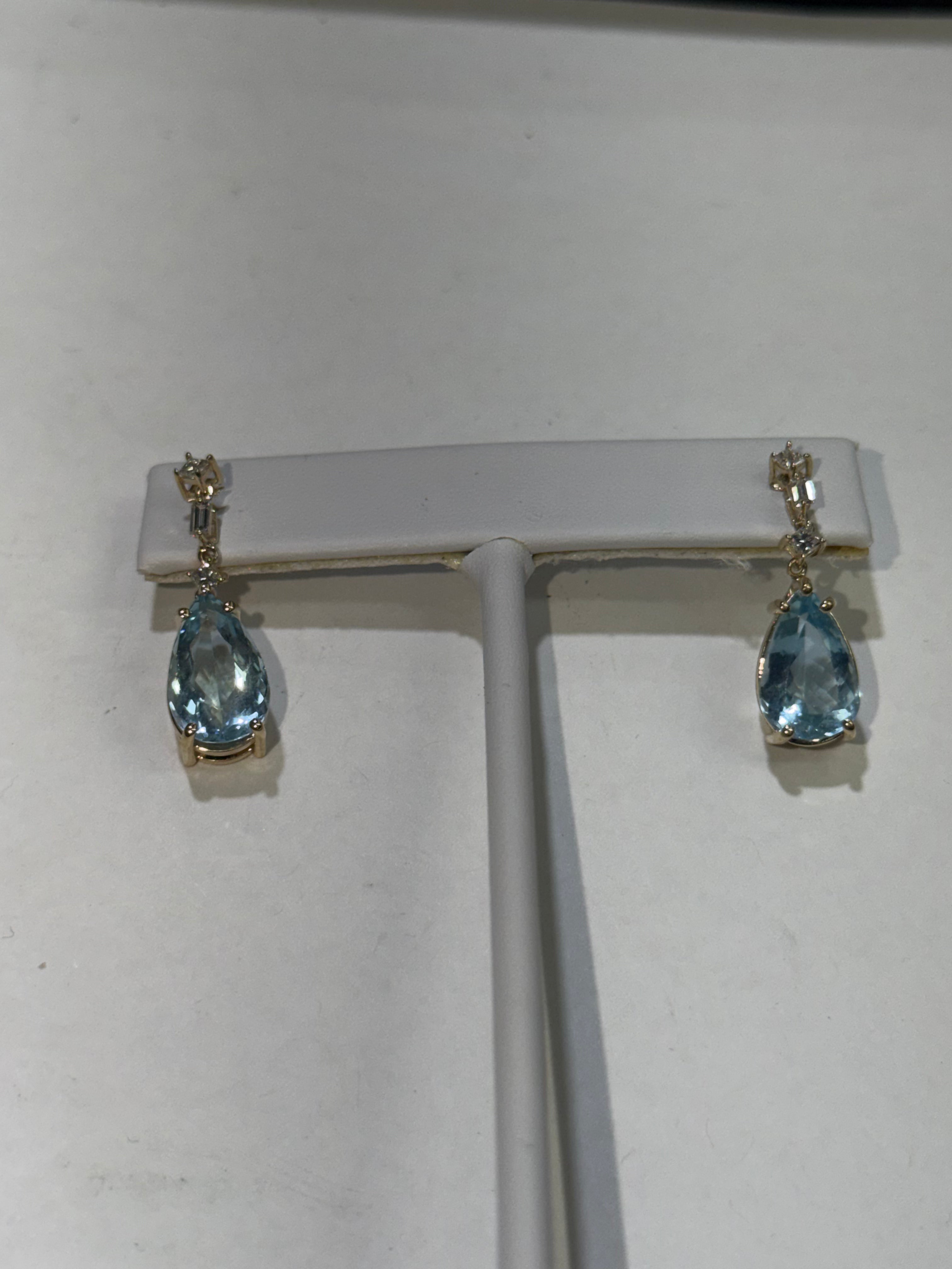 Pear Aquamarine & Diamond Drop Earrings in 14K Yellow Gold