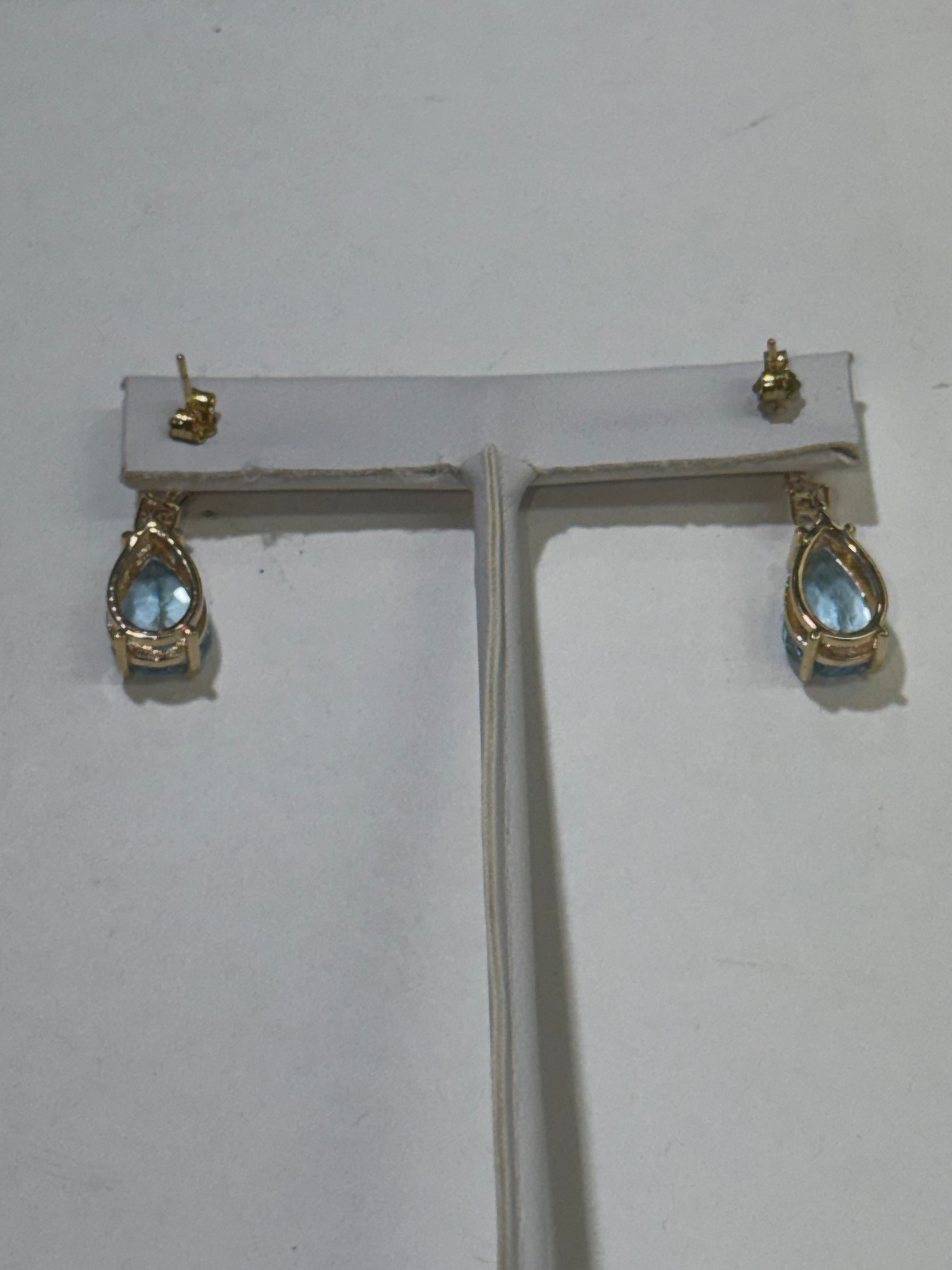 Pear Aquamarine & Diamond Drop Earrings in 14K Yellow Gold