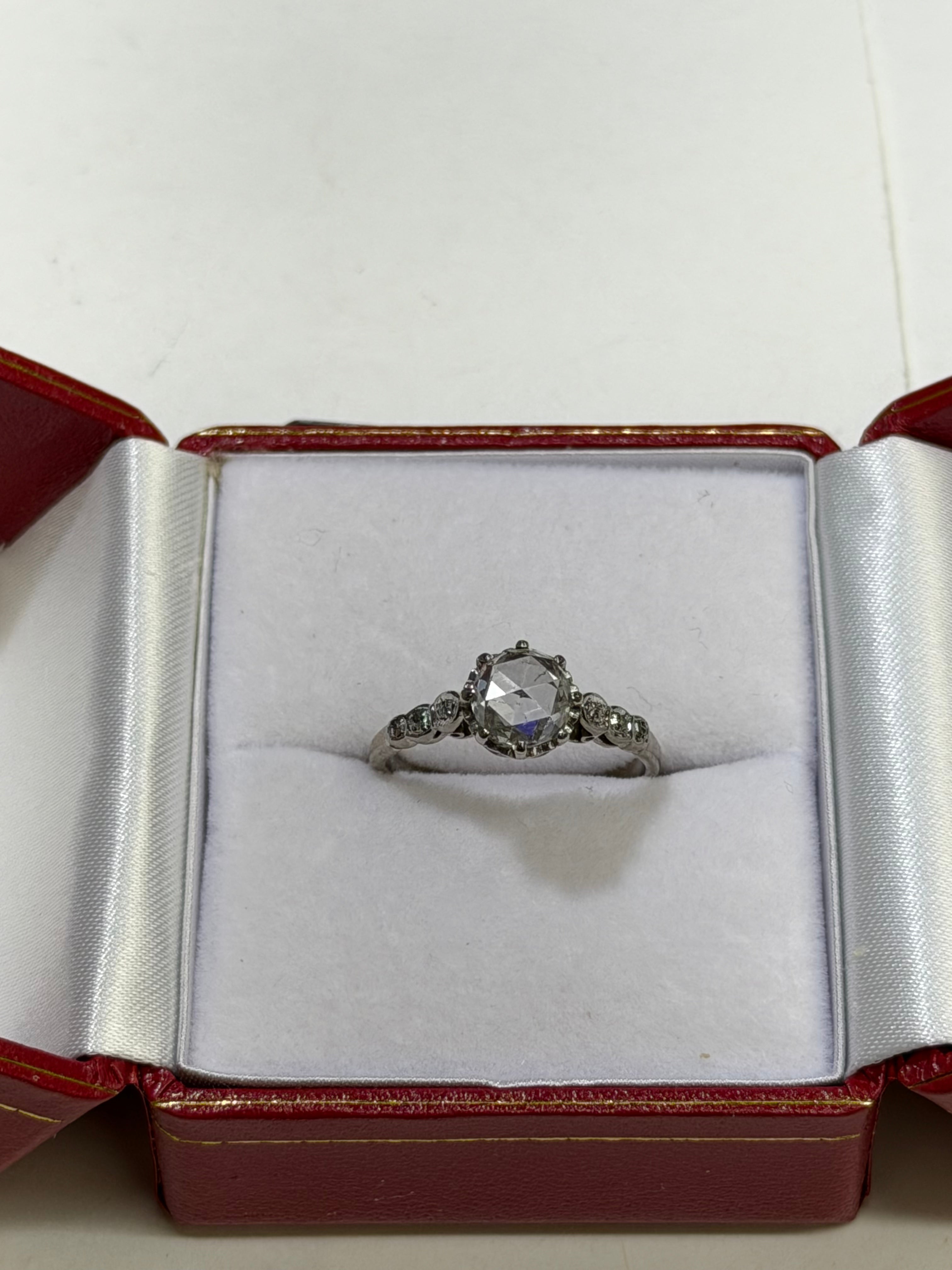Antique 1910s Edwardian Platinum Engagement Ring featuring a Natural Rose Cut Diamond