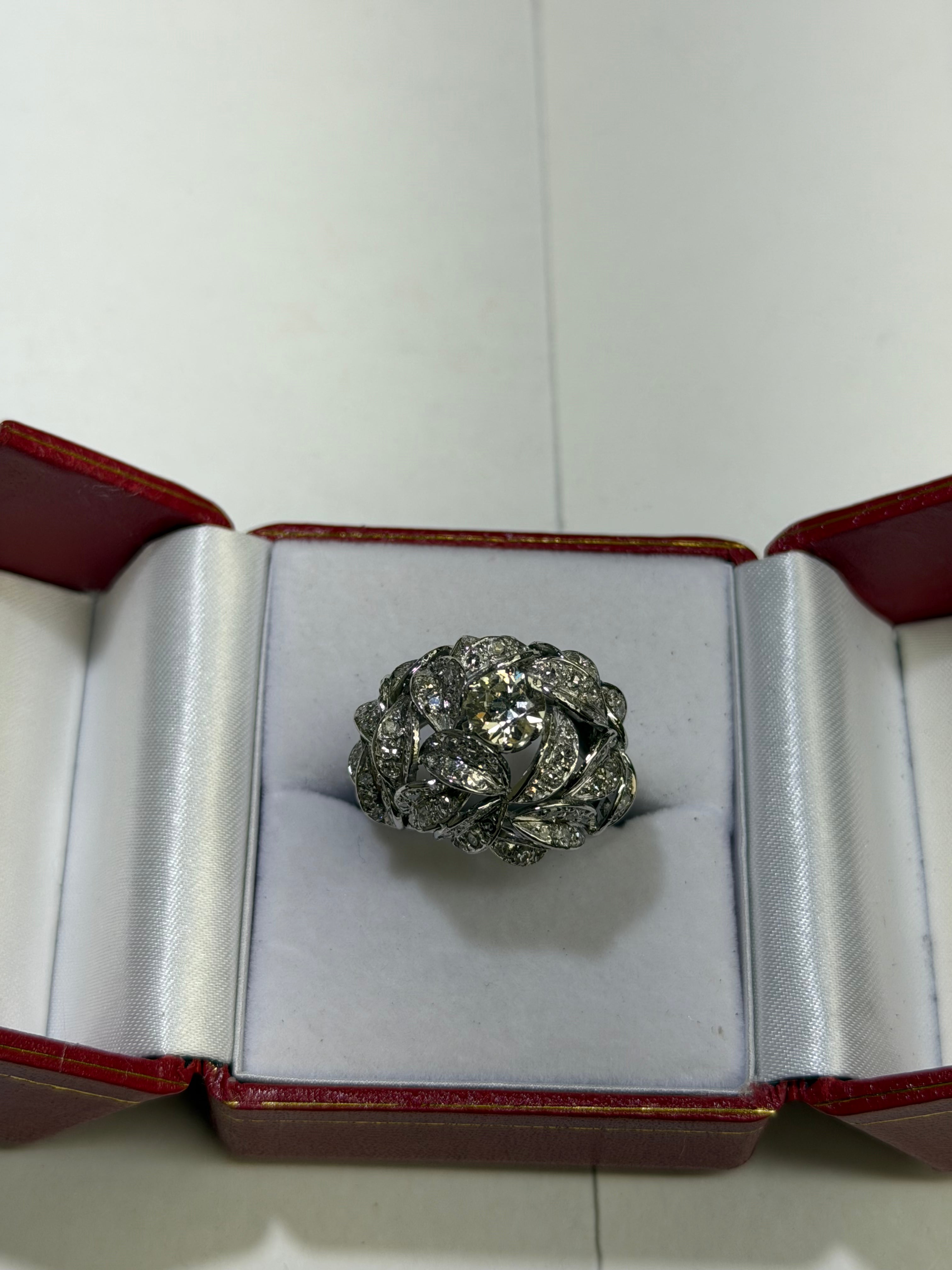 Vintage 1940s Retro Platinum Ring with Old European Cut Diamonds