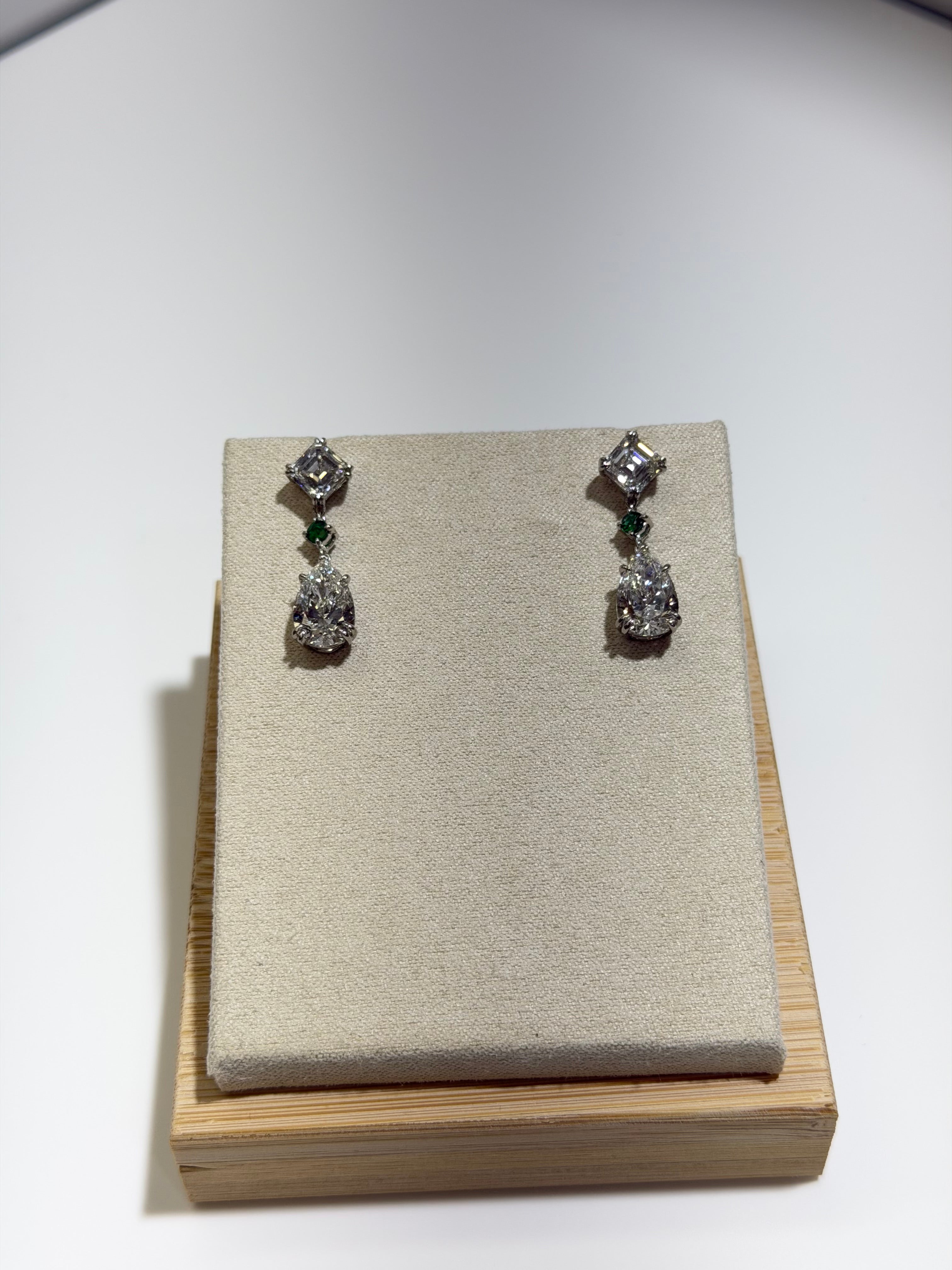 Platinum Emerald & Diamond Drop Earrings – 6.12 CTW Lab Grown Diamonds