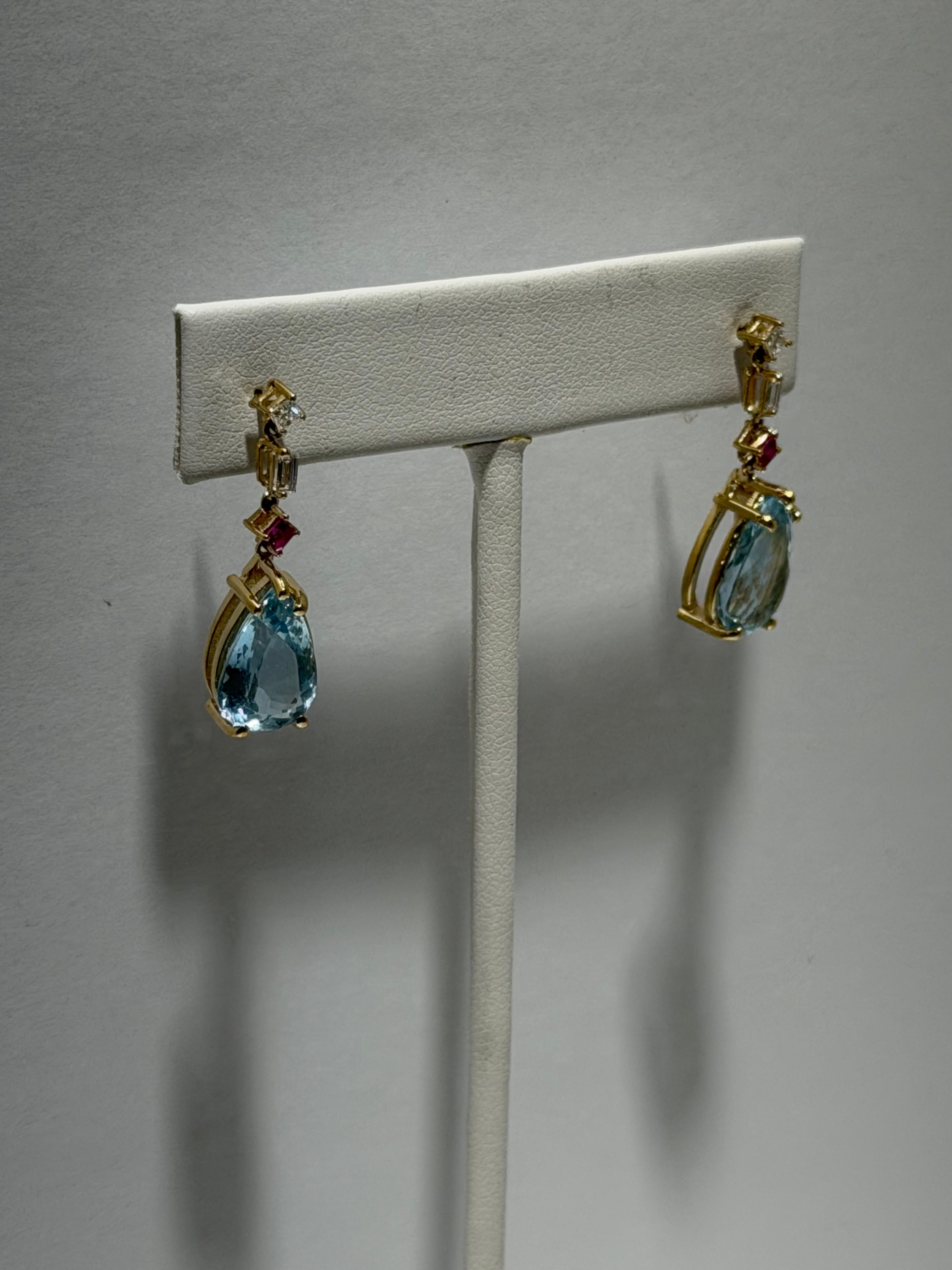 14K Yellow Gold Aquamarine, Ruby & Diamond Drop Earrings