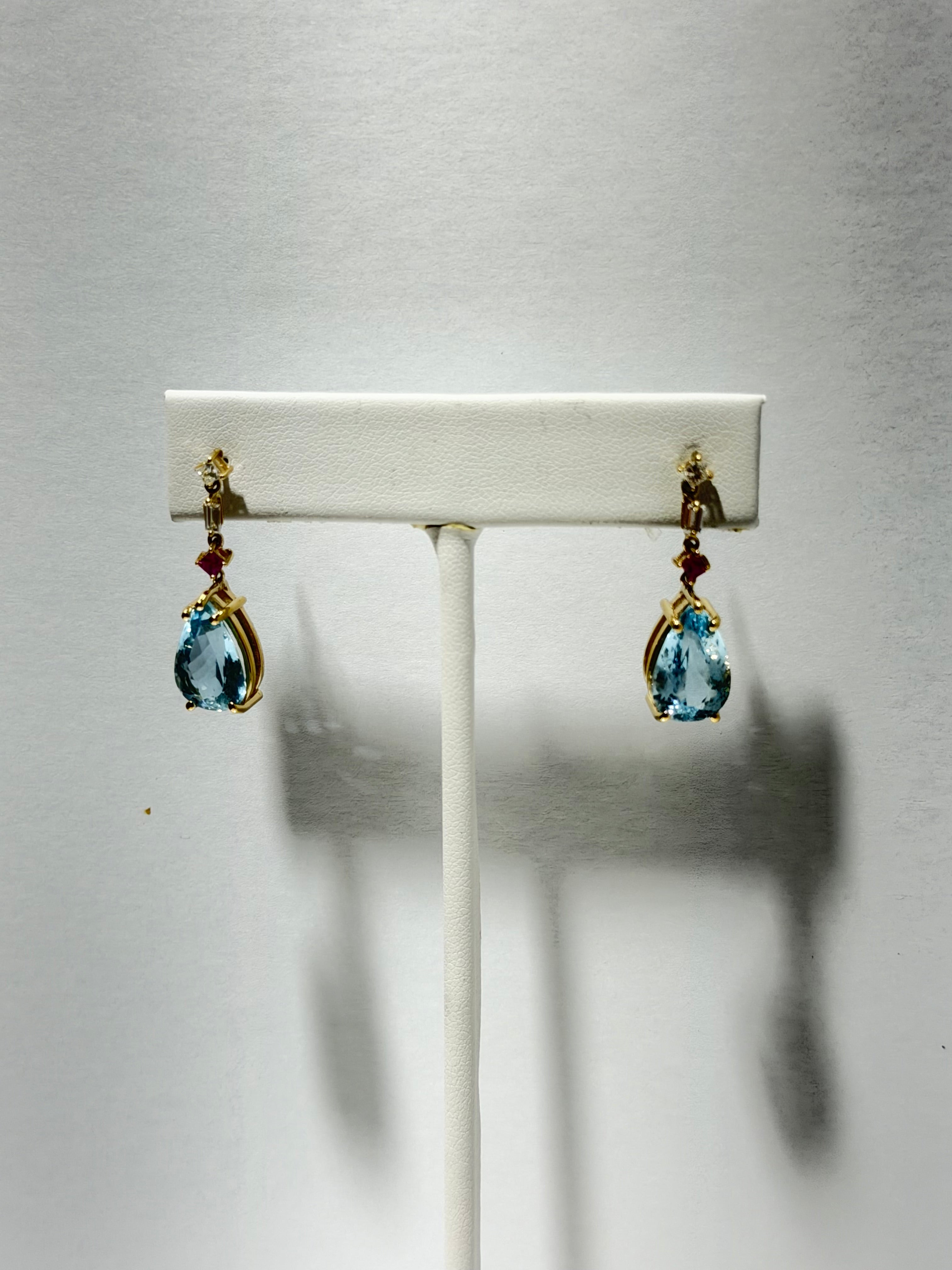 14K Yellow Gold Aquamarine, Ruby & Diamond Drop Earrings