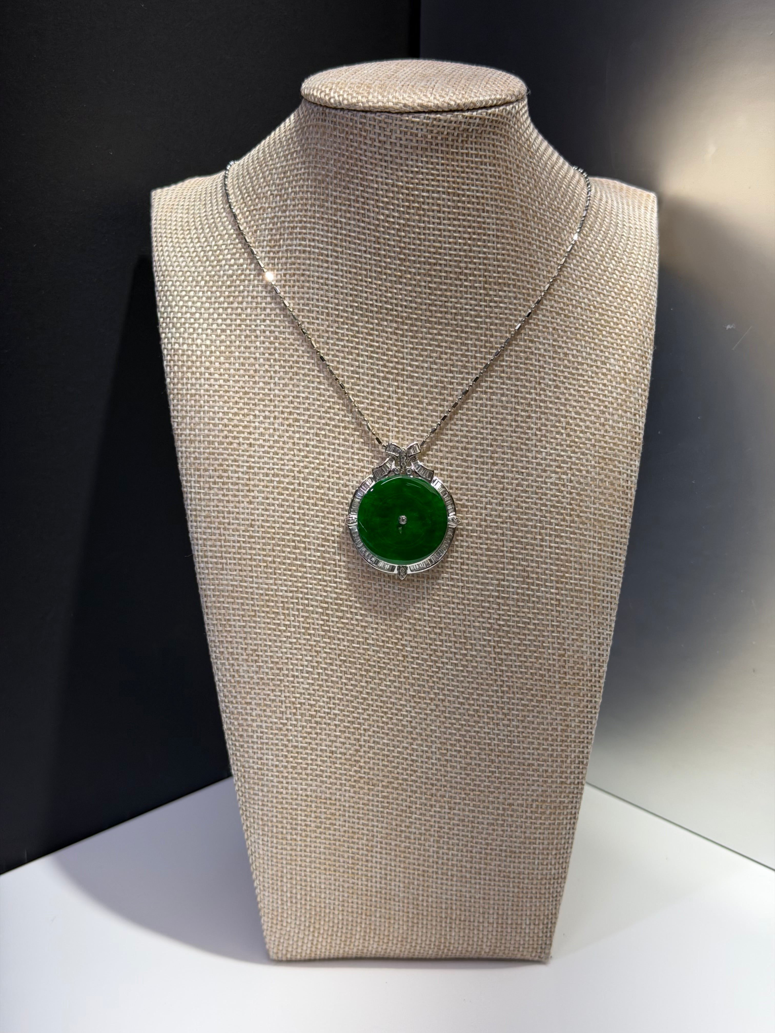 GIA Certified Natural Jadeite Jade Pendant – Translucent Mottled Green, Diamond Halo (18K White Gold)