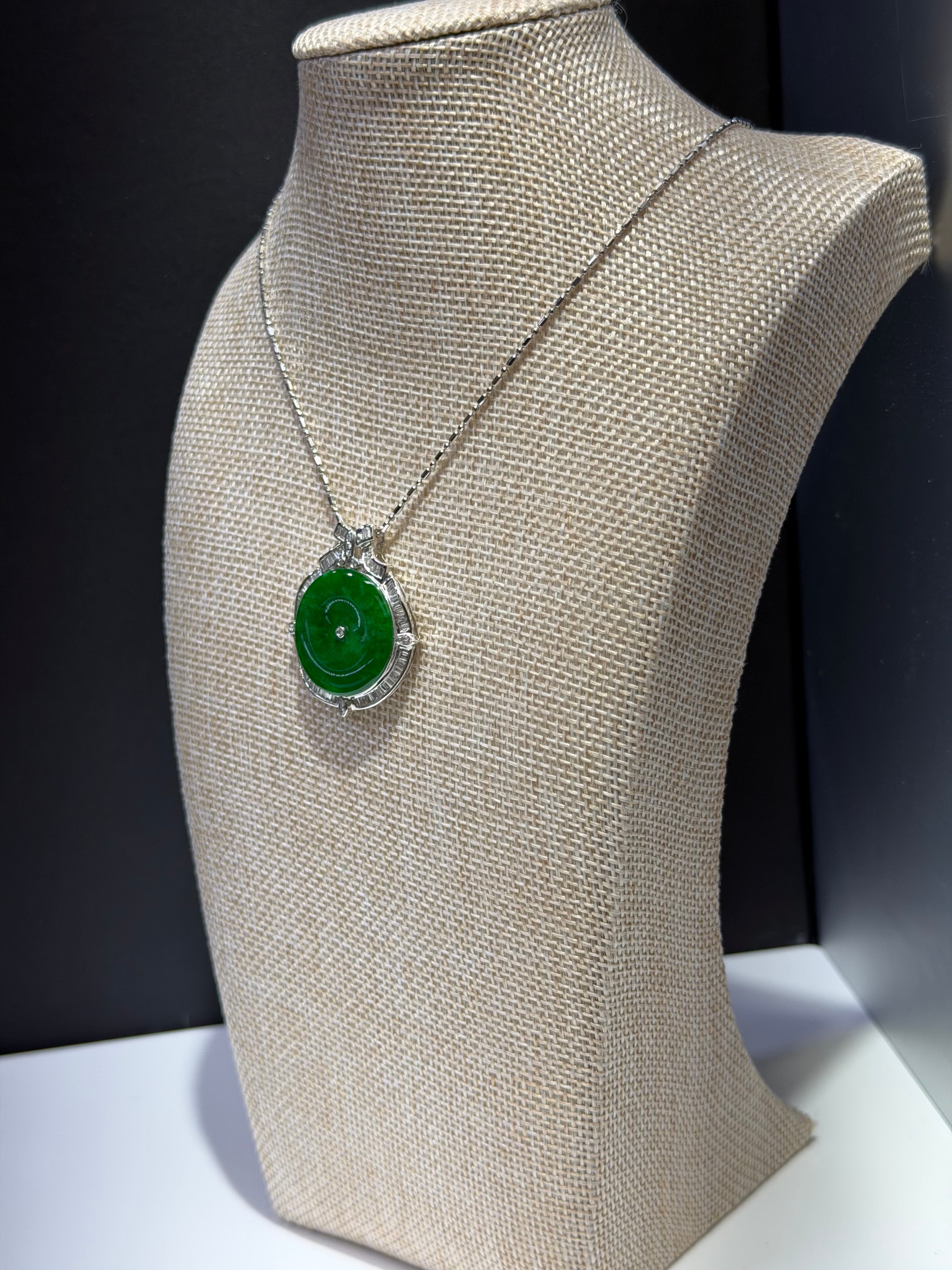 GIA Certified Natural Jadeite Jade Pendant – Translucent Mottled Green, Diamond Halo (18K White Gold)
