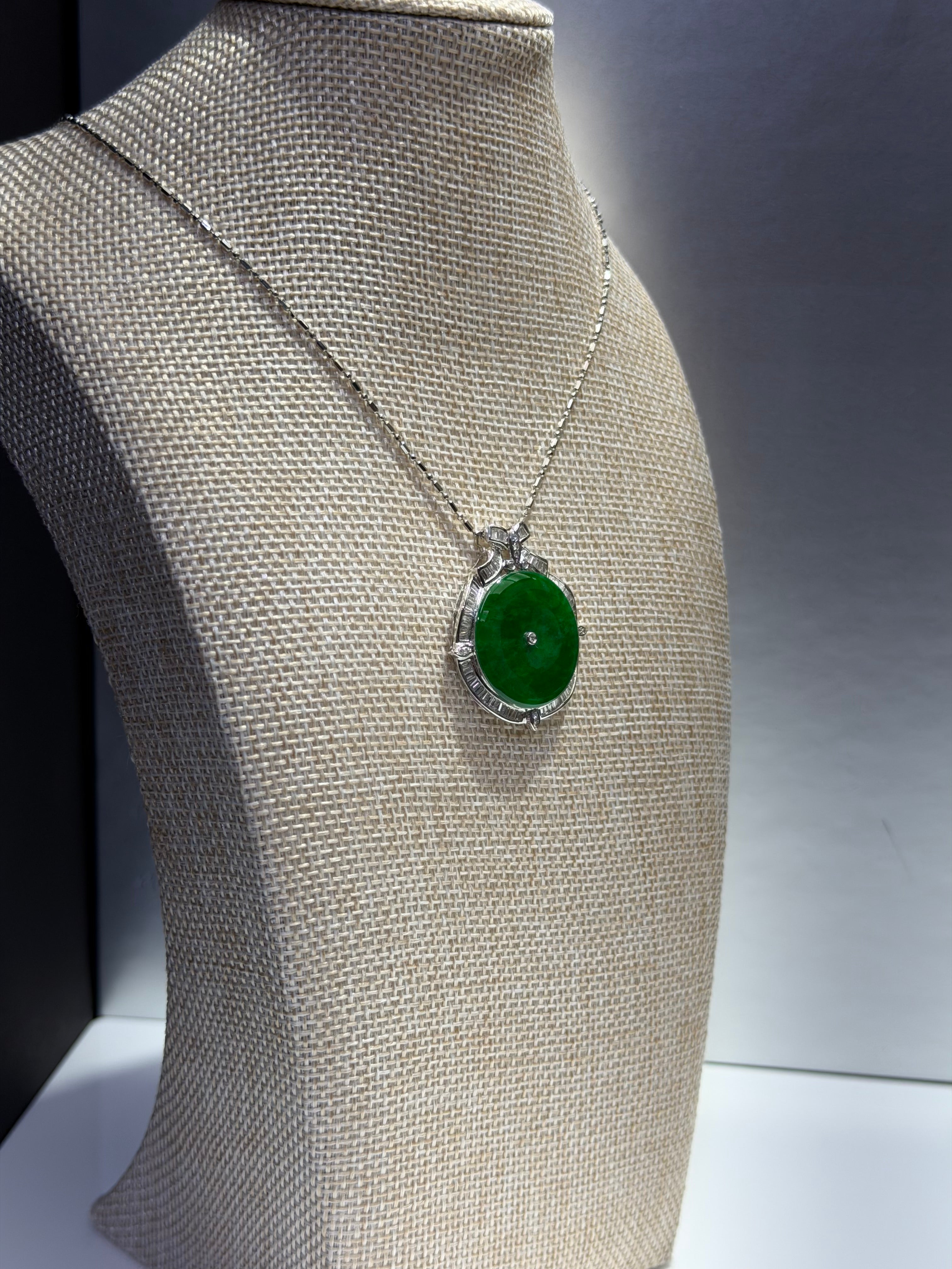 GIA Certified Natural Jadeite Jade Pendant – Translucent Mottled Green, Diamond Halo (18K White Gold)