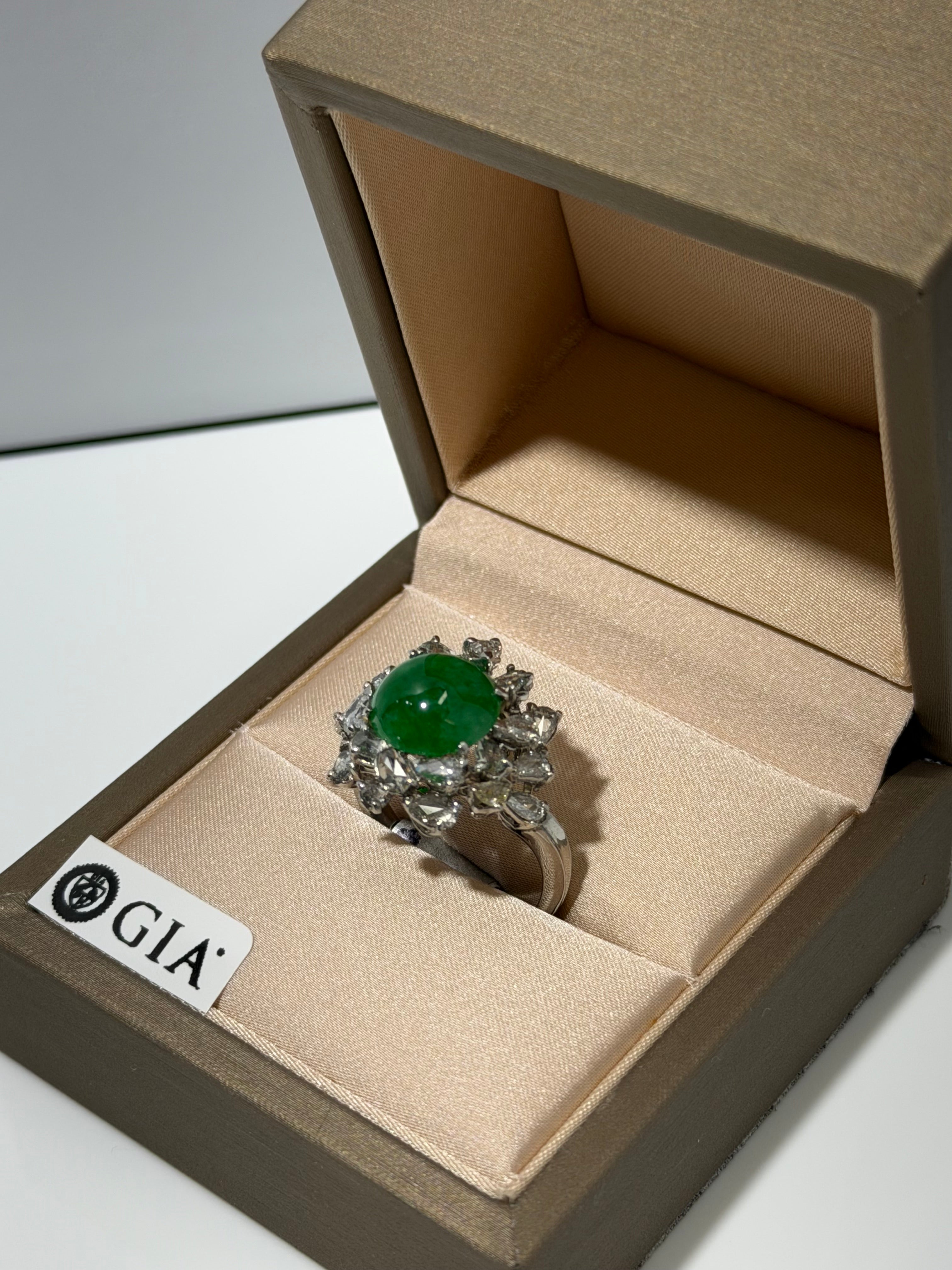 Belle Époque Platinum Cluster Ring (c. 1900–1918) Redesigned with GIA Jadeite Jade & 1.29 ct Rose Cut Diamonds