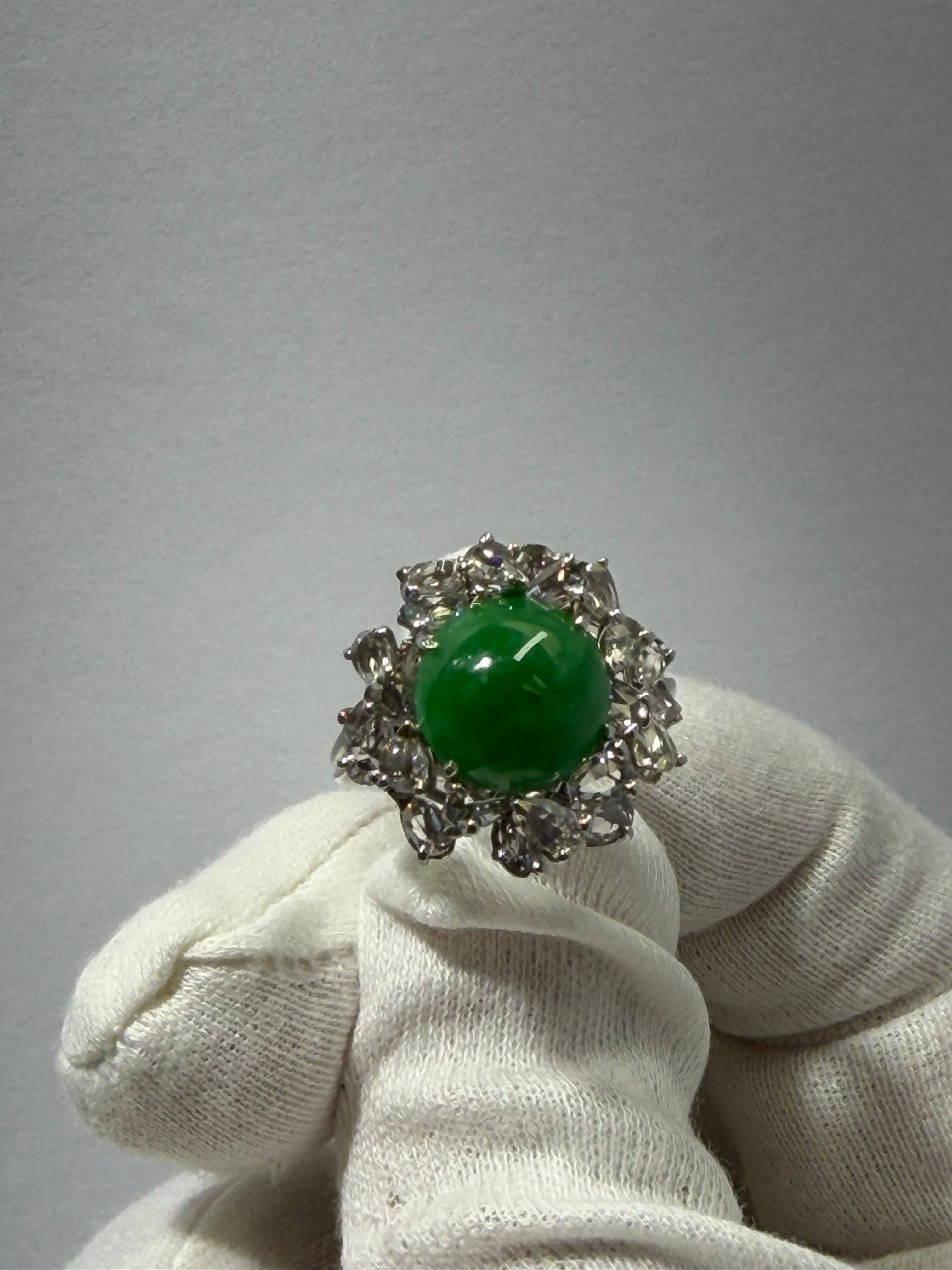 Belle Époque Platinum Cluster Ring (c. 1900–1918) Redesigned with GIA Jadeite Jade & 1.29 ct Rose Cut Diamonds