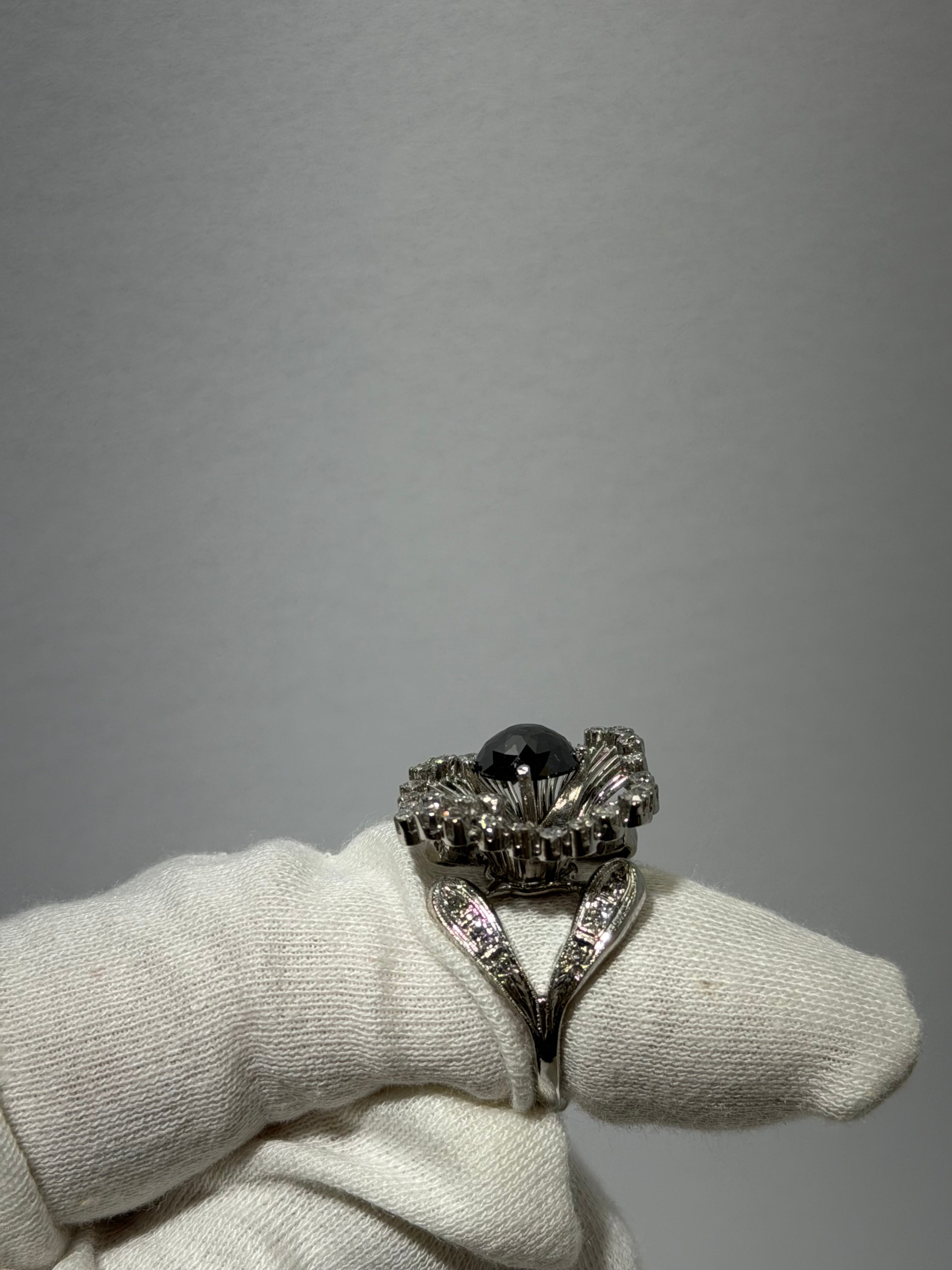 Art Deco Platinum Sunburst Ring (c. 1935–1941) with 1.54 ct Black Diamond & Approx. 1.00 ct Antique Single-Cut Diamond Halo
