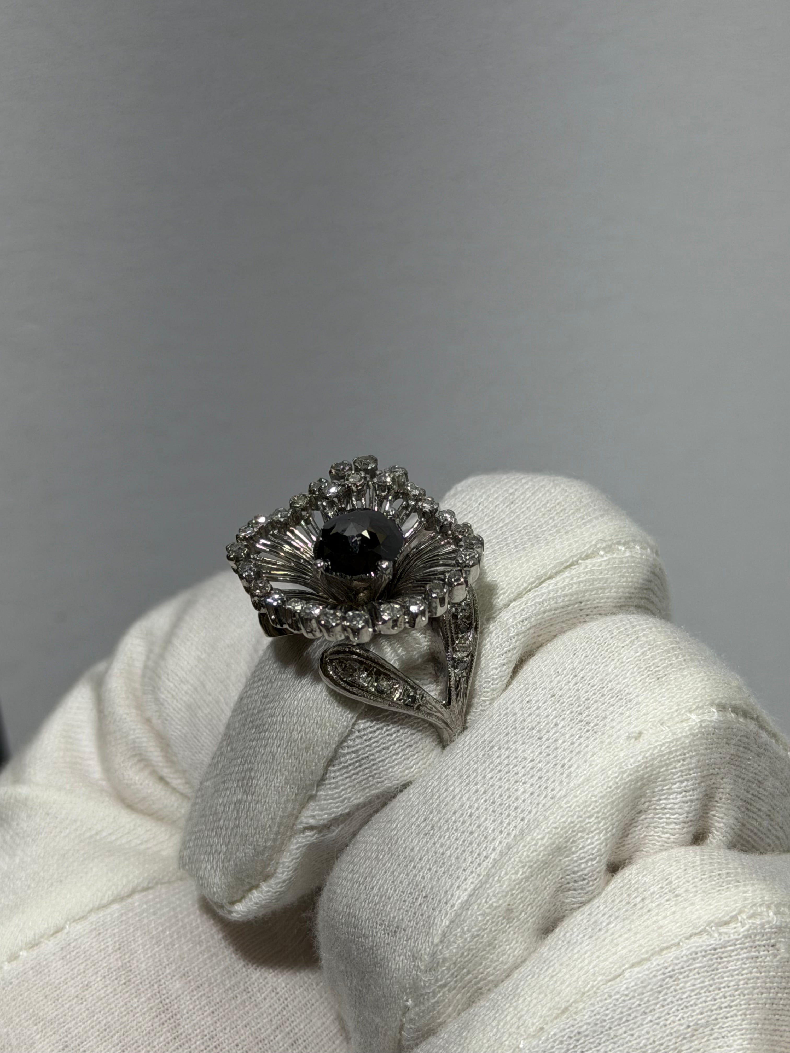 Art Deco Platinum Sunburst Ring (c. 1935–1941) with 1.54 ct Black Diamond & Approx. 1.00 ct Antique Single-Cut Diamond Halo