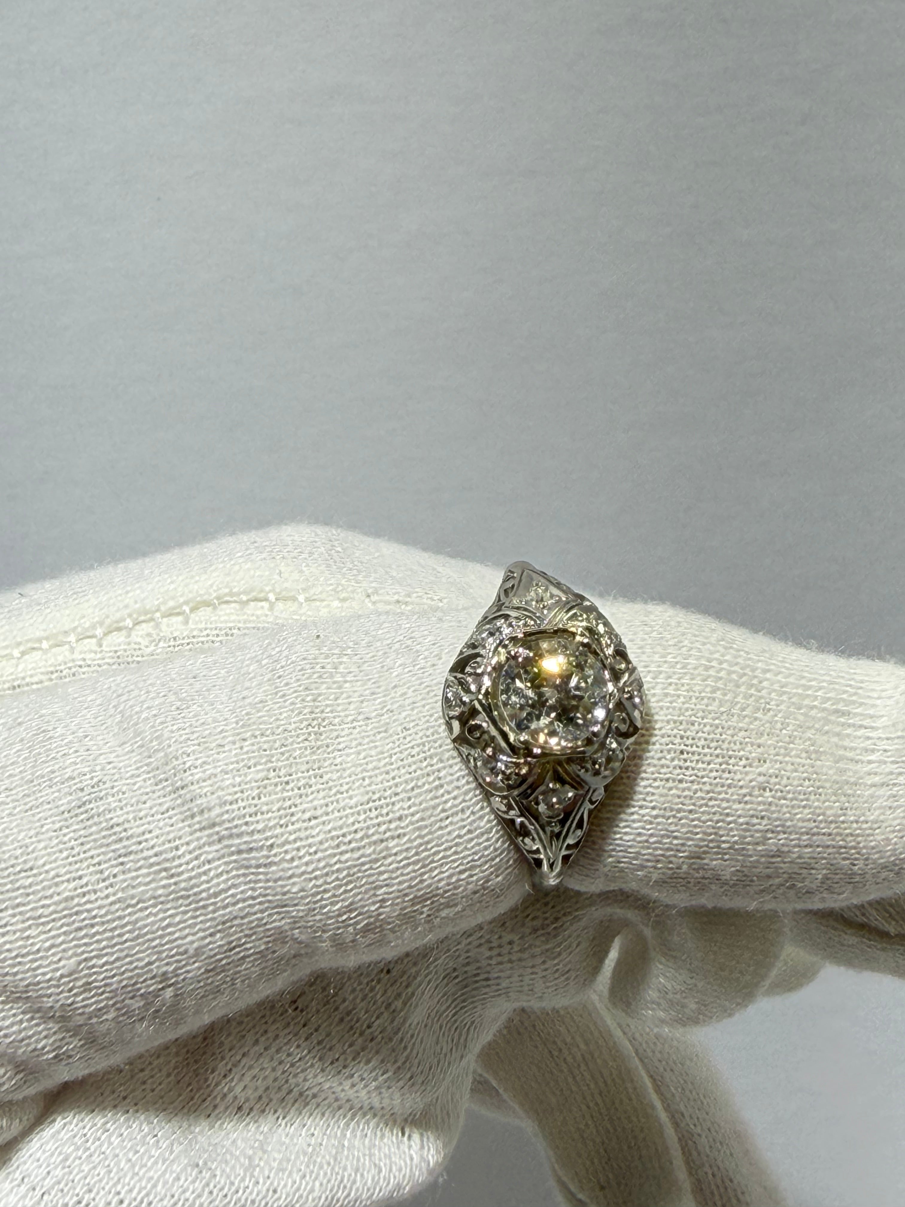 Original Art Deco Platinum Old European Cut Diamond Ring, 0.87 CT Center with 0.16 CTW Old Mine Cut Diamonds