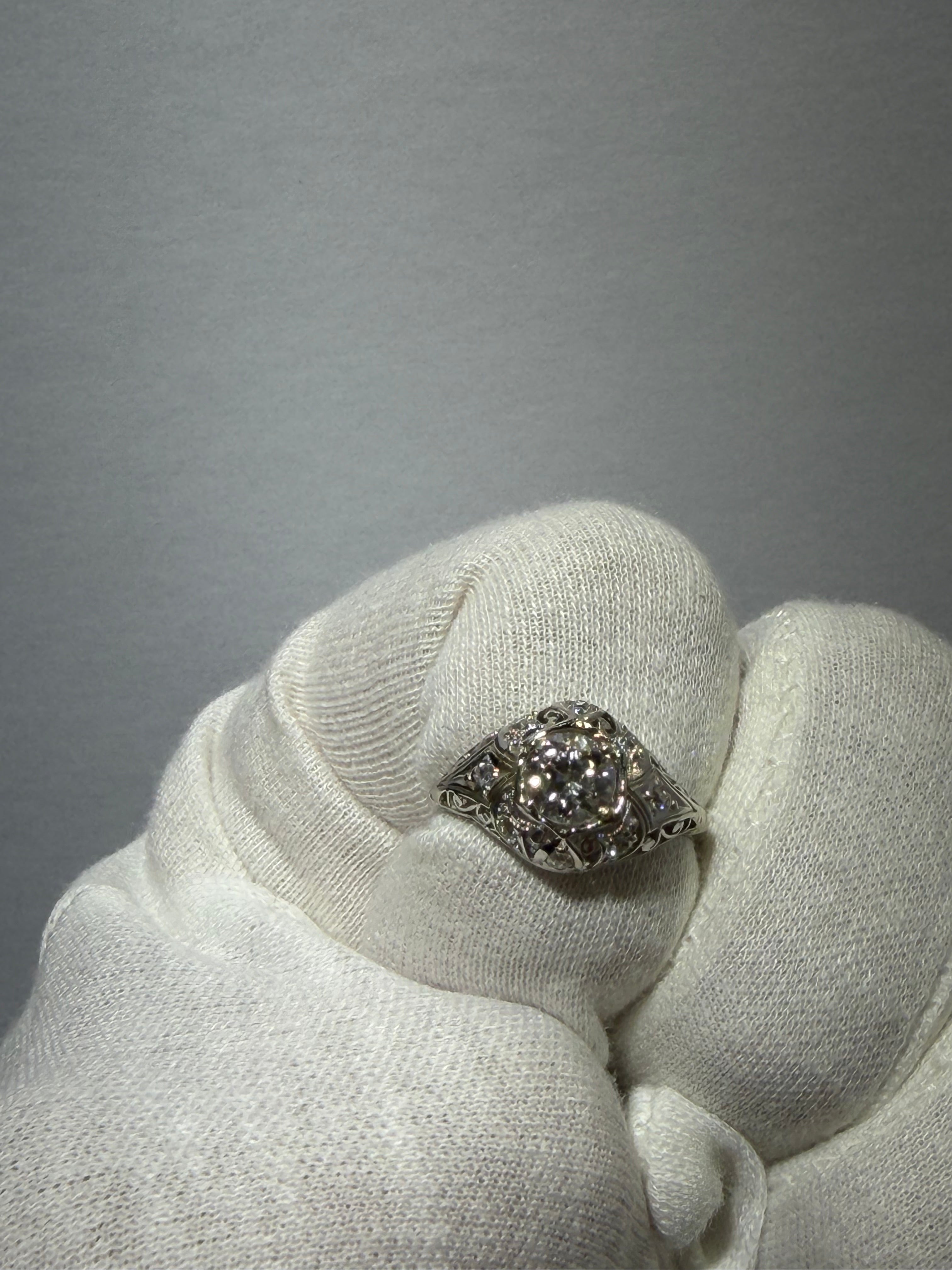 Original Art Deco Platinum Old European Cut Diamond Ring, 0.87 CT Center with 0.16 CTW Old Mine Cut Diamonds