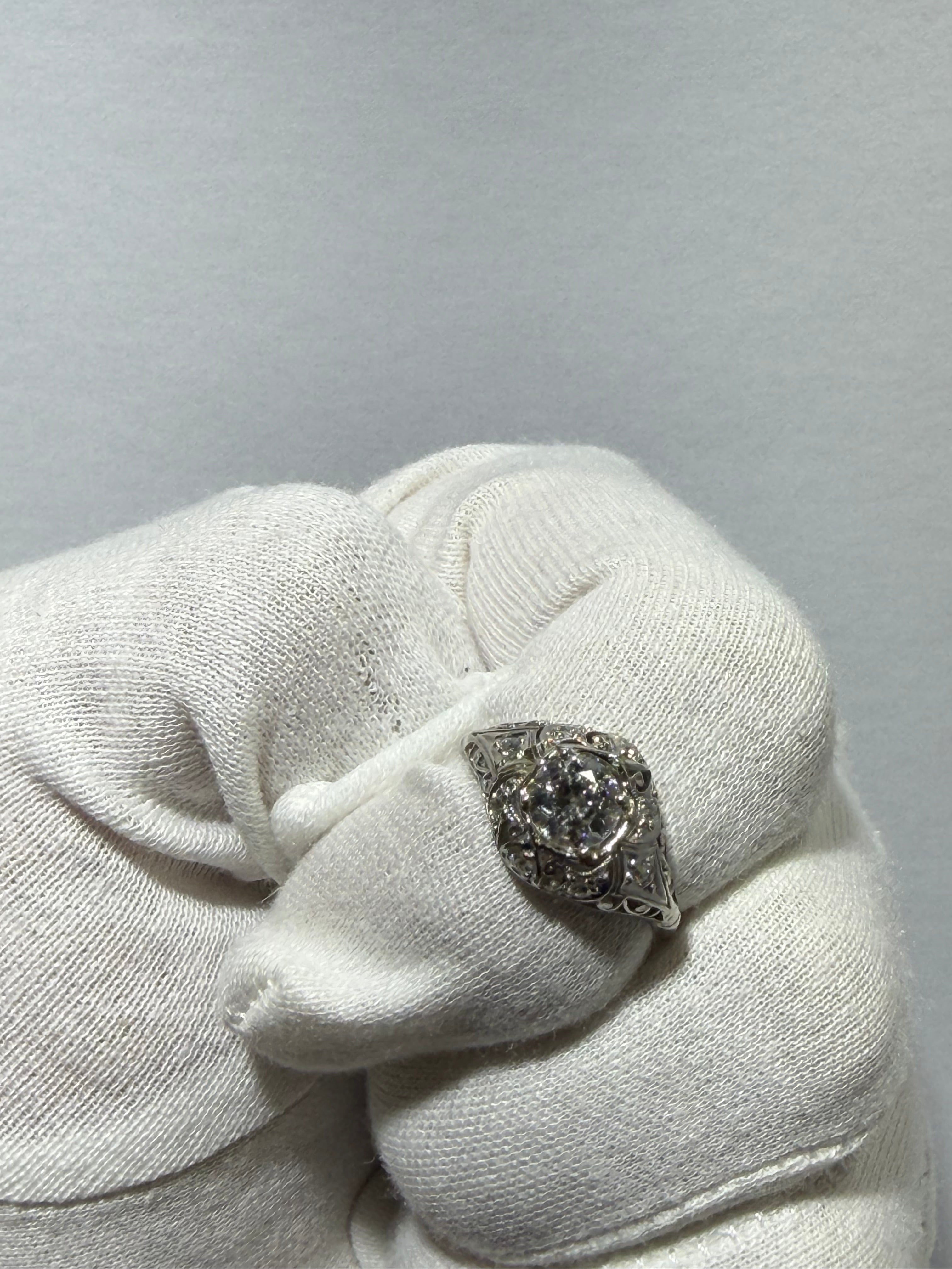 Original Art Deco Platinum Old European Cut Diamond Ring, 0.87 CT Center with 0.16 CTW Old Mine Cut Diamonds