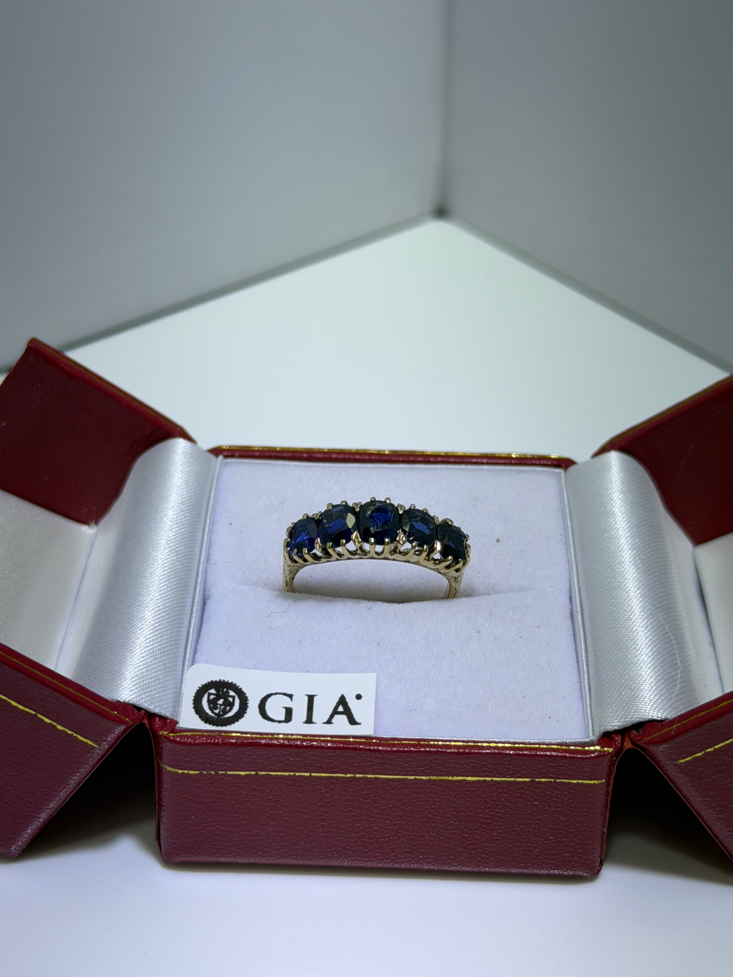 Antique Late Victorian 14K Yellow Gold Five-Stone Sapphire Ring, 2.43ctw, circa 1880–1890s