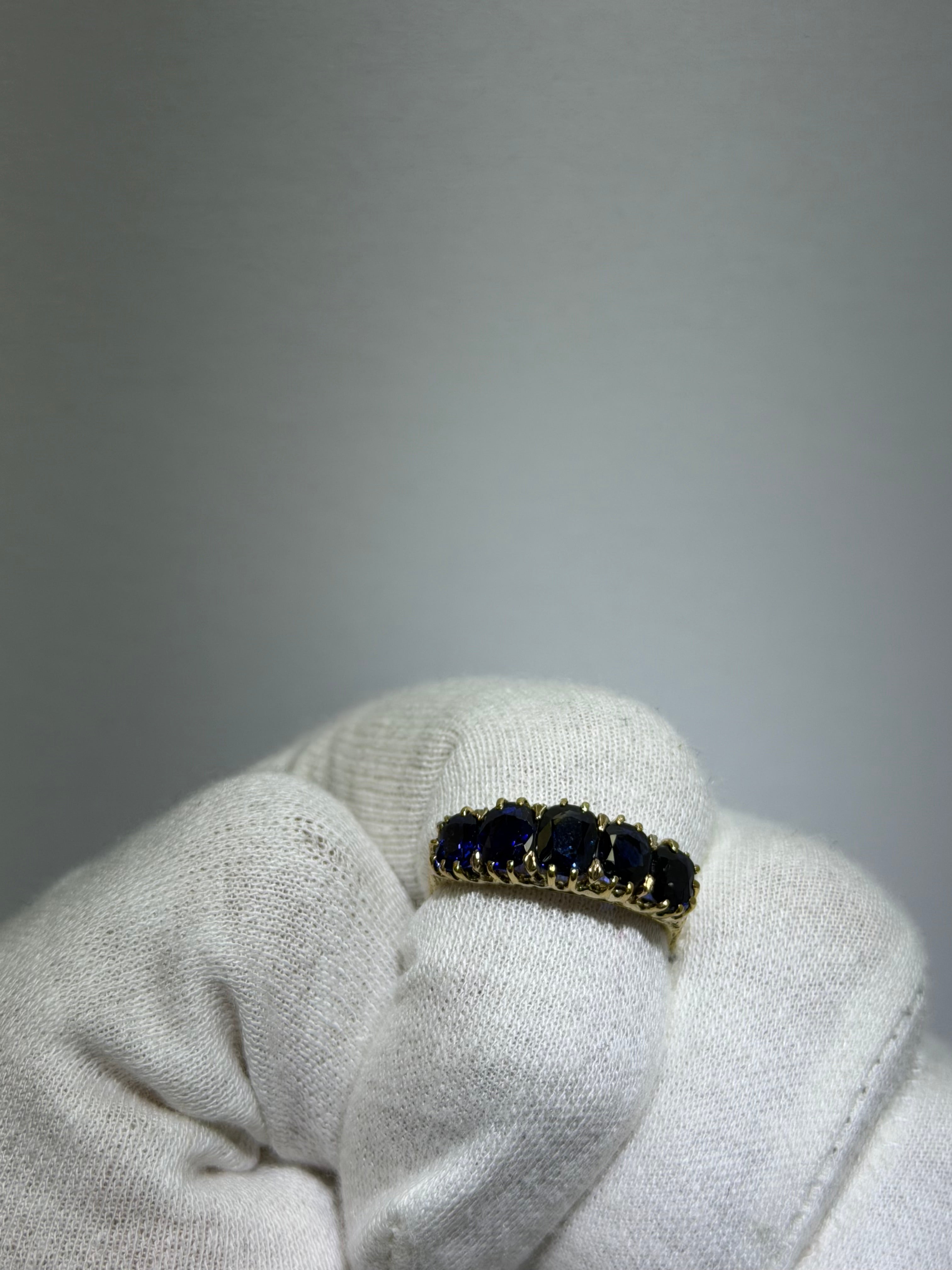 Antique Late Victorian 14K Yellow Gold Five-Stone Sapphire Ring, 2.43ctw, circa 1880–1890s