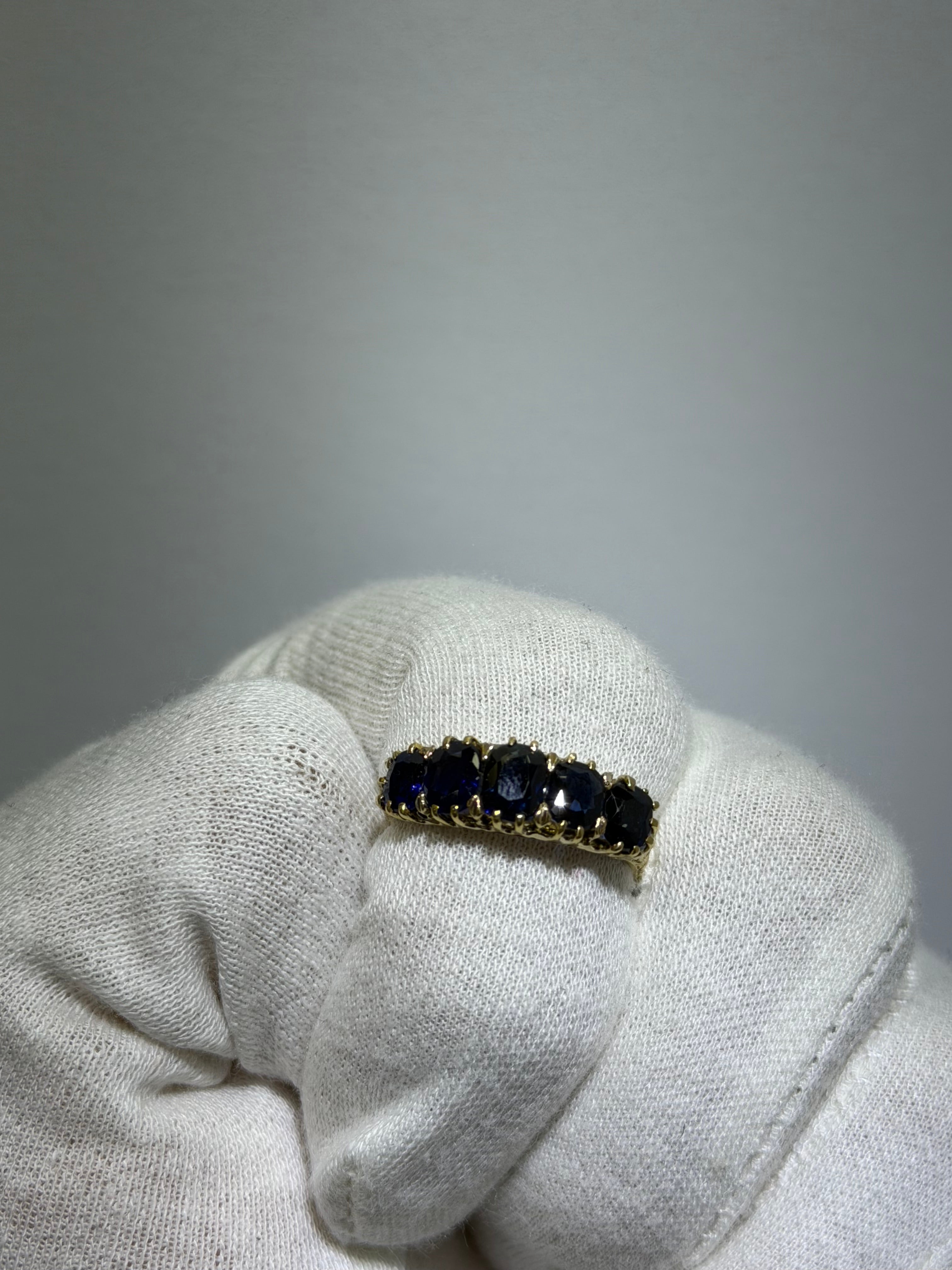 Antique Late Victorian 14K Yellow Gold Five-Stone Sapphire Ring, 2.43ctw, circa 1880–1890s