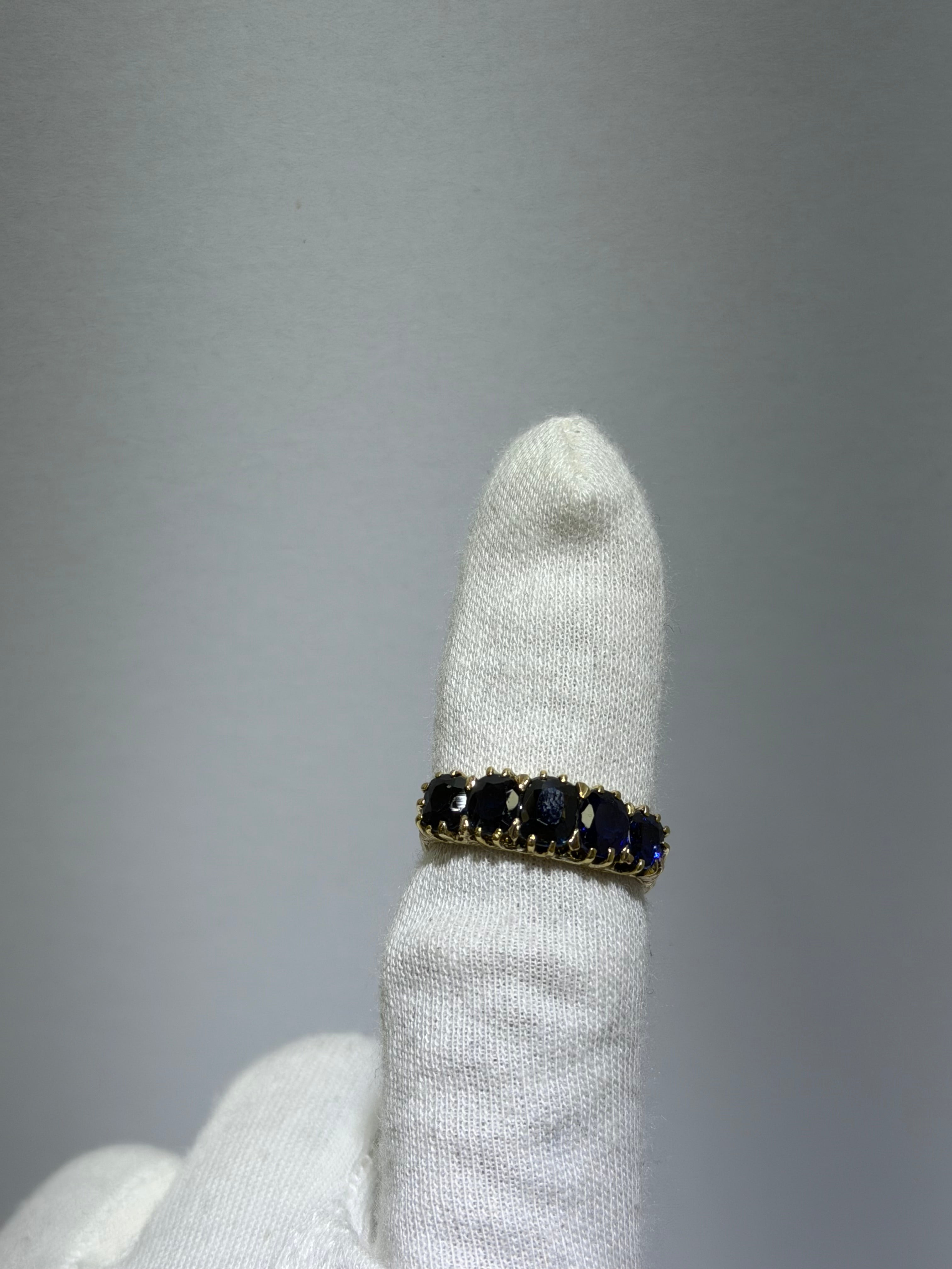 Antique Late Victorian 14K Yellow Gold Five-Stone Sapphire Ring, 2.43ctw, circa 1880–1890s