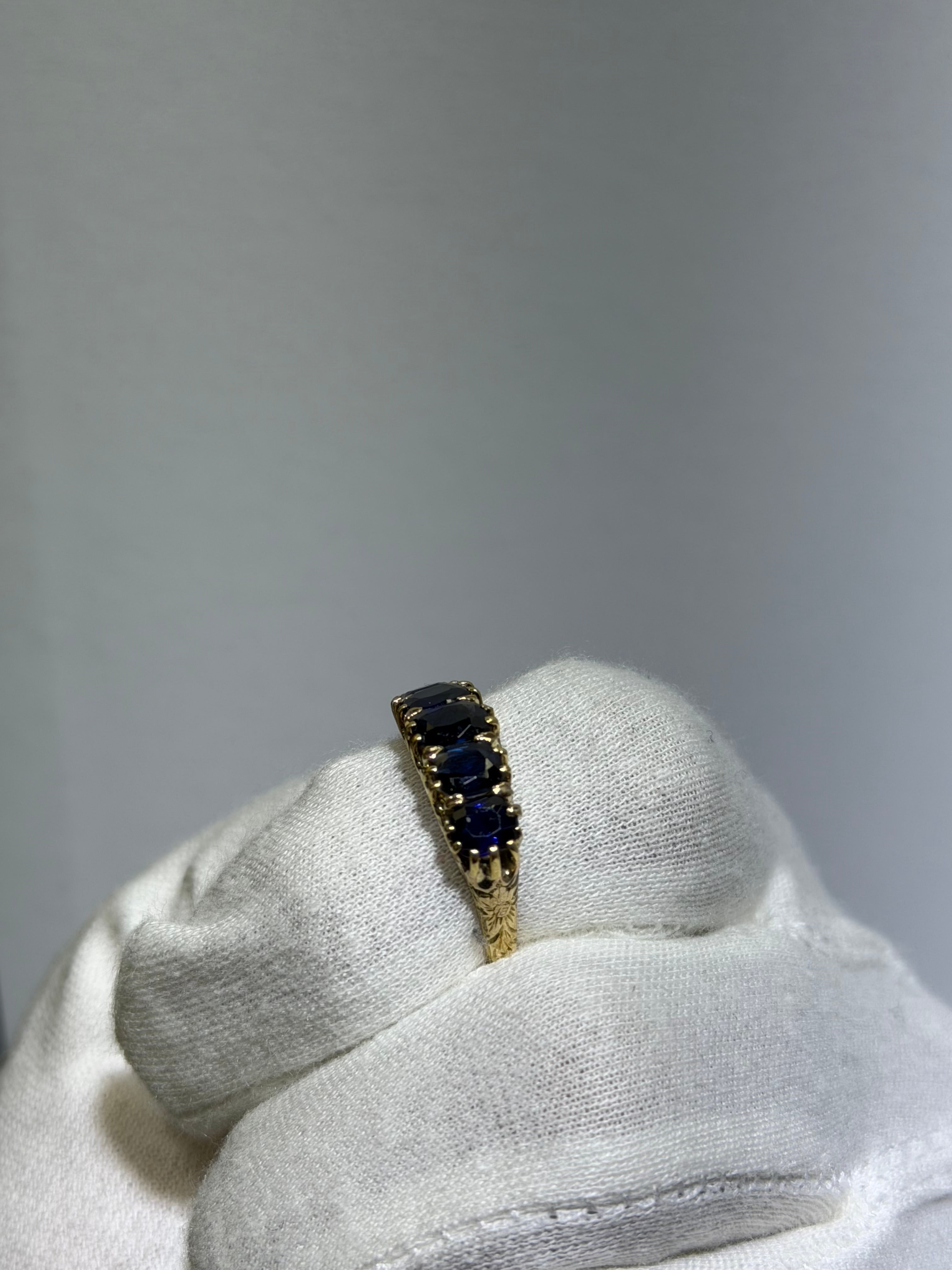 Antique Late Victorian 14K Yellow Gold Five-Stone Sapphire Ring, 2.43ctw, circa 1880–1890s